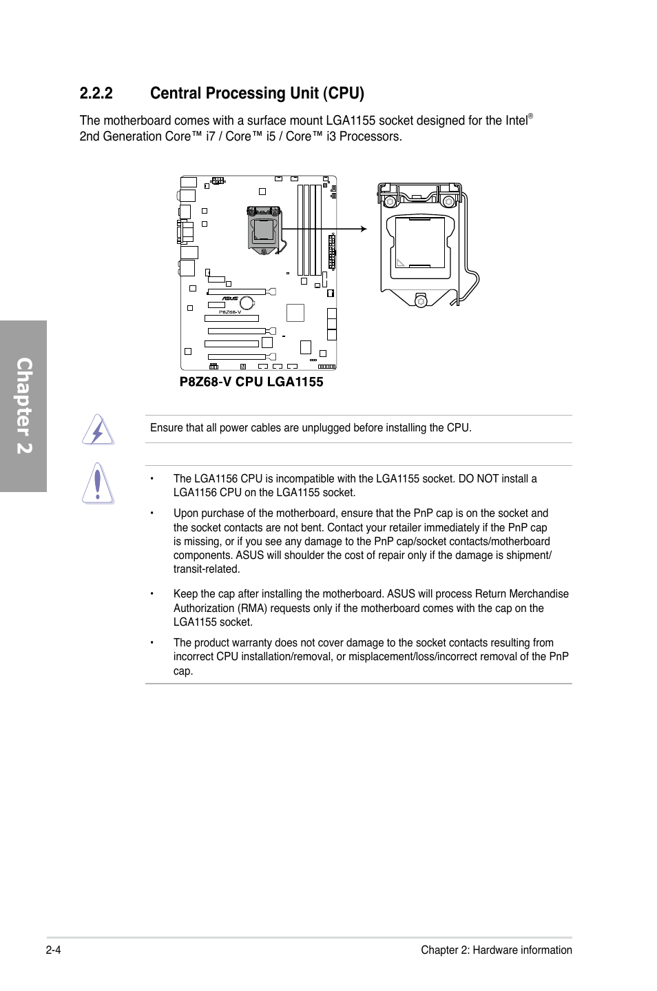 2 central processing unit (cpu), Central processing unit (cpu) -4, Chapter 2 | Asus P8Z68-V User Manual | Page 22 / 146