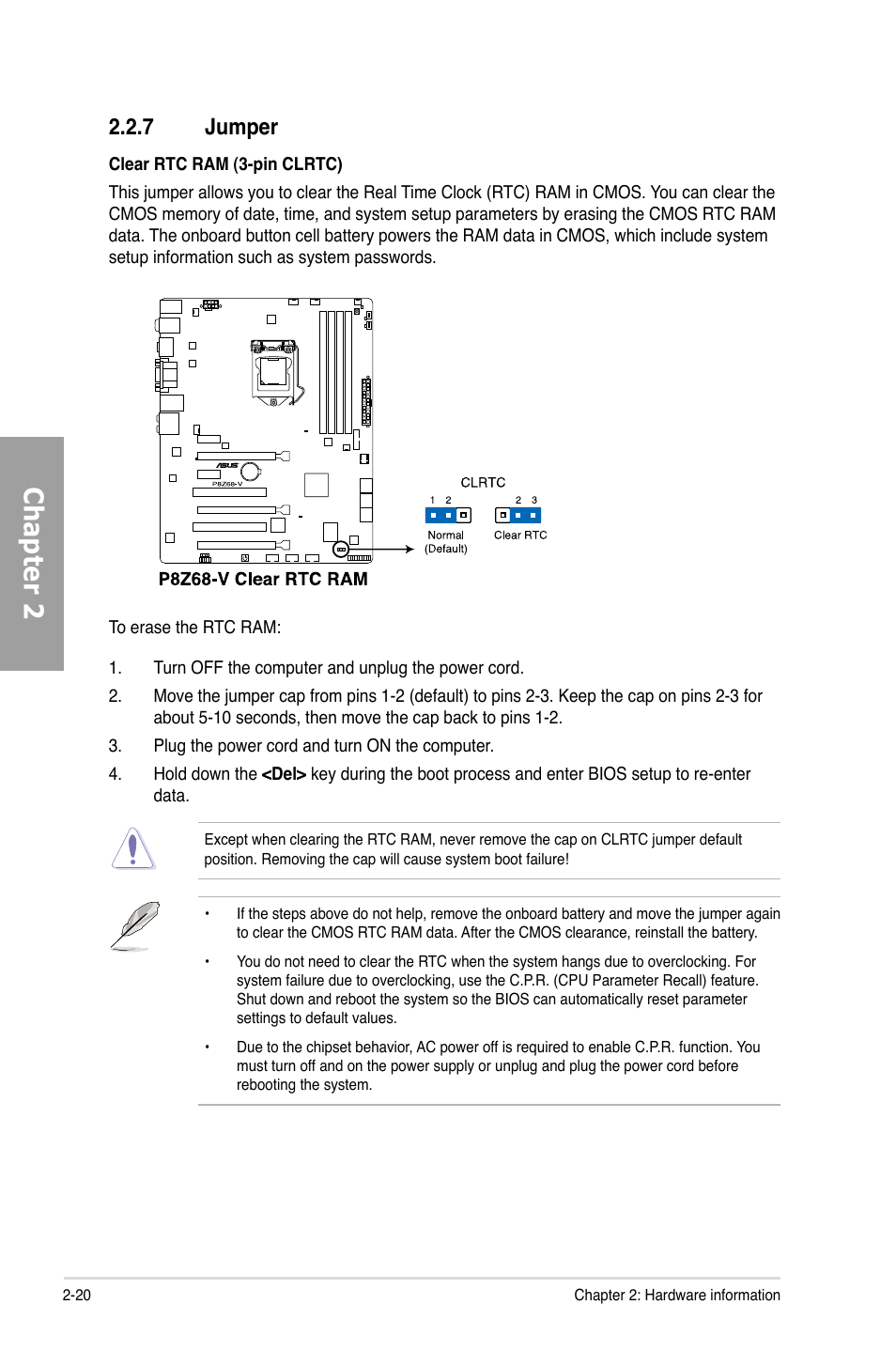 7 jumper, Jumper -20, Chapter 2 | Asus P8Z68-V User Manual | Page 38 / 146