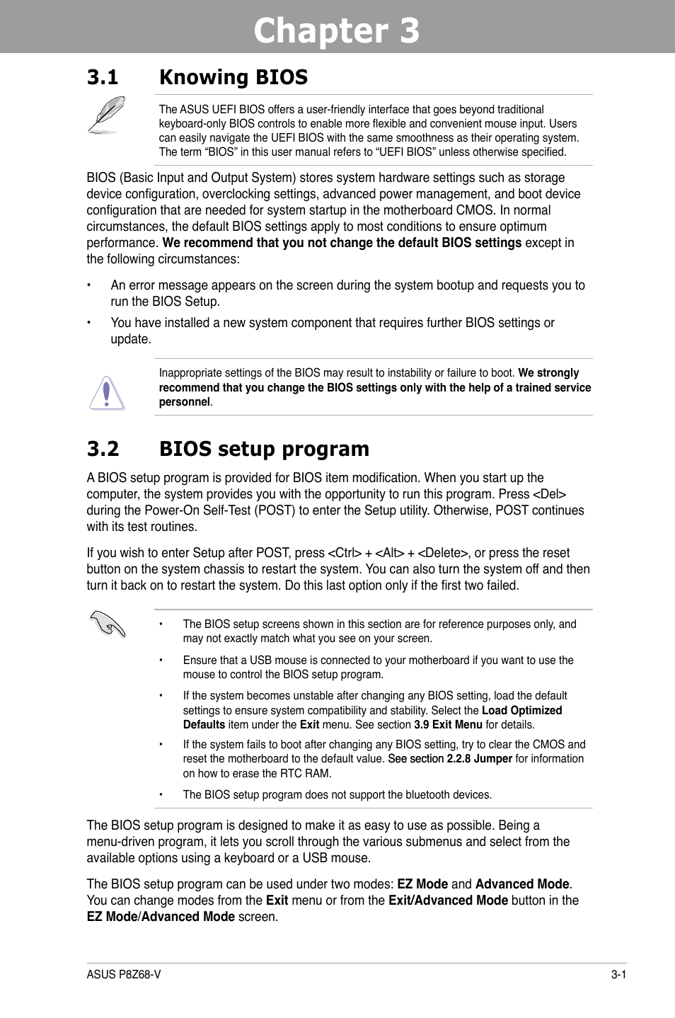 Chapter 3: bios setup, 1 knowing bios, 2 bios setup program | Chapter 3, Bios setup, Knowing bios -1, Bios setup program -1 | Asus P8Z68-V User Manual | Page 67 / 146