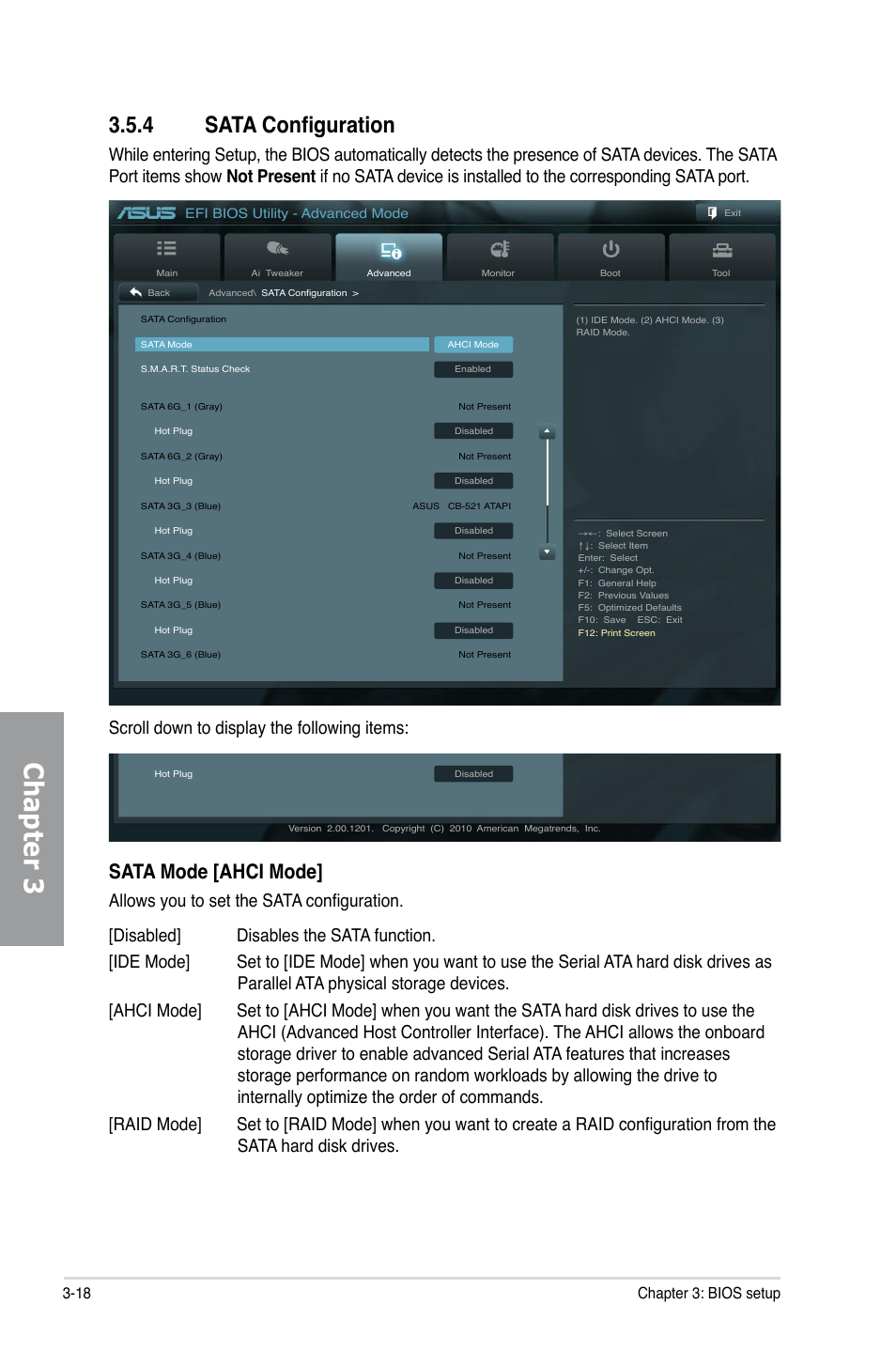 4 sata configuration, Sata configuration -18, Chapter 3 | Sata mode [ahci mode, Scroll down to display the following items, 18 chapter 3: bios setup | Asus P8Z68-V User Manual | Page 84 / 146