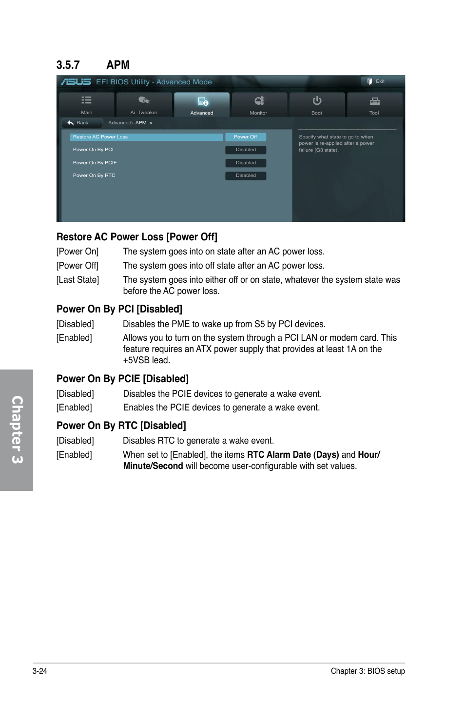 7 apm, Apm -24, Chapter 3 | Restore ac power loss [power off, Power on by pci [disabled, Power on by pcie [disabled, Power on by rtc [disabled | Asus P8Z68-V User Manual | Page 90 / 146