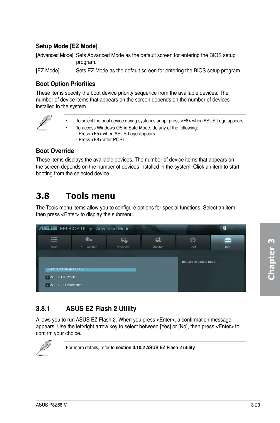 8 tools menu, 1 asus ez flash 2 utility, Tools menu -29 3.8.1 | Asus ez flash 2 utility -29, Chapter 3 3.8 tools menu, Setup mode [ez mode, Boot option priorities, Boot override | Asus P8Z68-V User Manual | Page 95 / 146