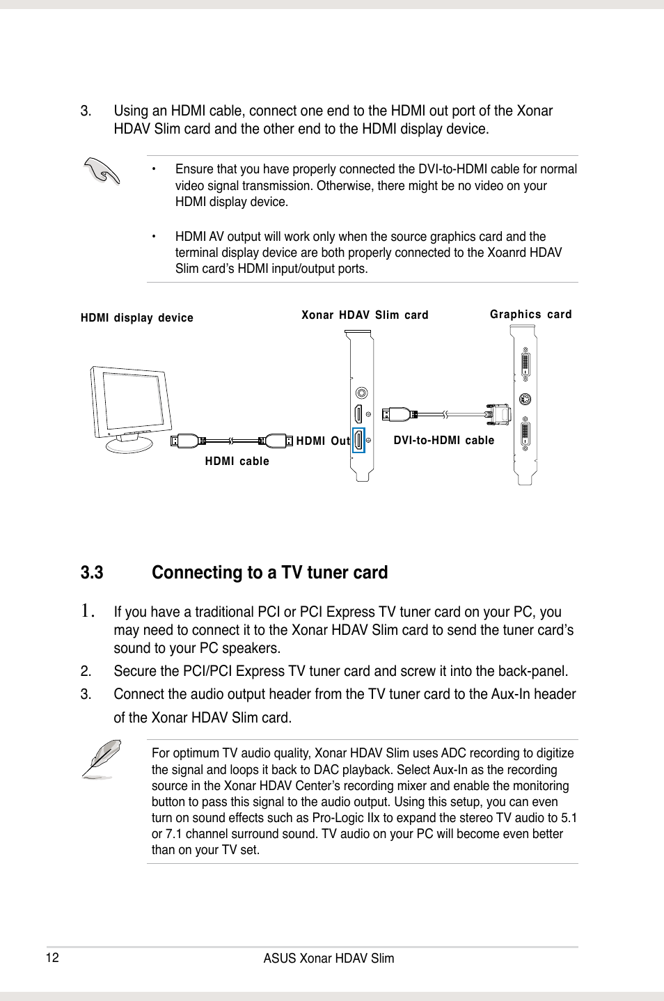 3 connecting to a tv tuner card, Connecting to a tv tuner card | Asus Xonar HDAV1.3 Slim User Manual | Page 12 / 52