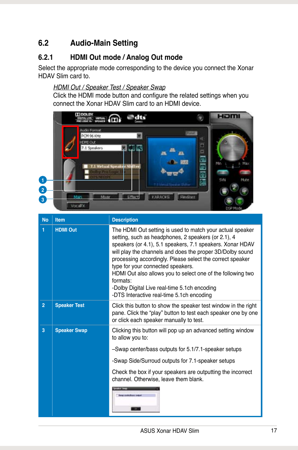 2 audio-main setting, Audio-main setting, 1 hdmi out mode / analog out mode | Asus Xonar HDAV1.3 Slim User Manual | Page 17 / 52