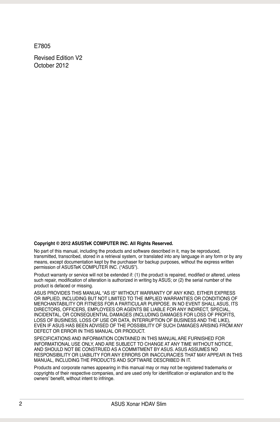Asus Xonar HDAV1.3 Slim User Manual | Page 2 / 52