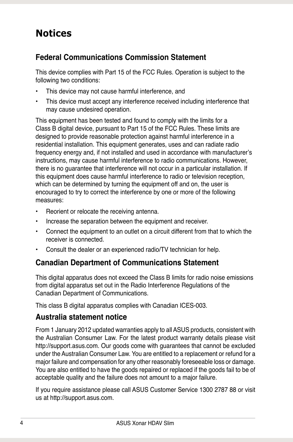 Notices, Federal communications commission statement, Canadian department of communications statement | Australia statement notice | Asus Xonar HDAV1.3 Slim User Manual | Page 4 / 52