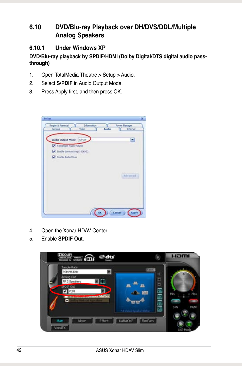 Dvd/blu-ray playback over dh/dvs/ddl/multiple, Analog speakers | Asus Xonar HDAV1.3 Slim User Manual | Page 42 / 52