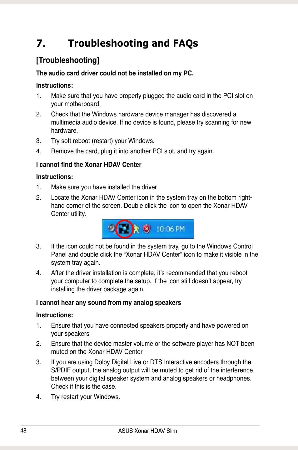 Troubleshooting and faqs, Troubleshooting, Troubleshooting and faqs [troubleshooting | Asus Xonar HDAV1.3 Slim User Manual | Page 48 / 52