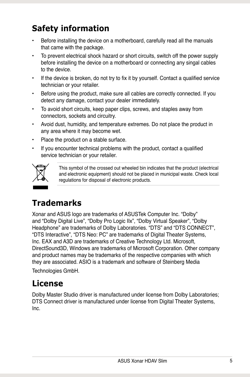 Safety information, Trademarks, License | Safety information trademarks license | Asus Xonar HDAV1.3 Slim User Manual | Page 5 / 52