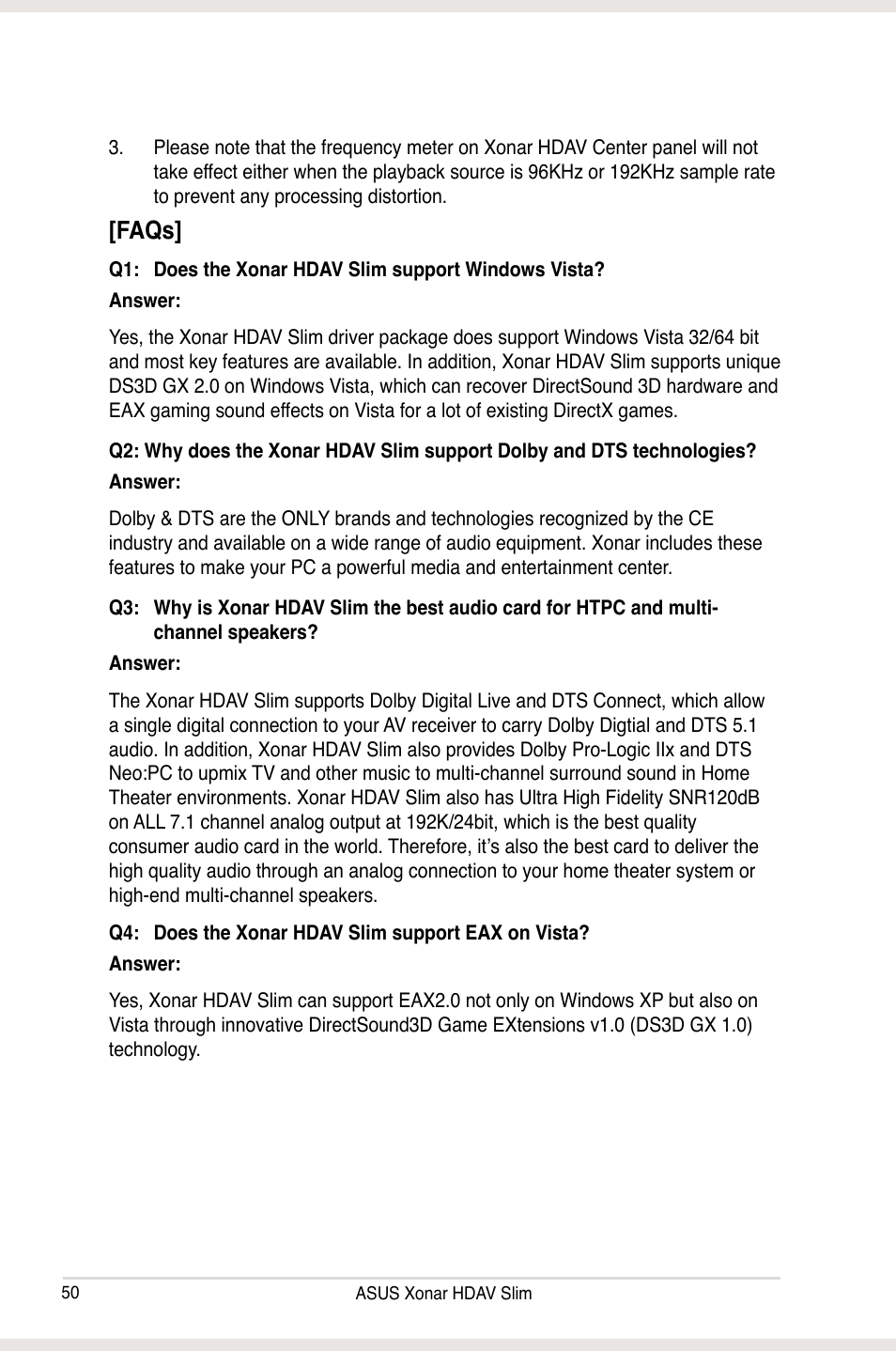 Faqs | Asus Xonar HDAV1.3 Slim User Manual | Page 50 / 52