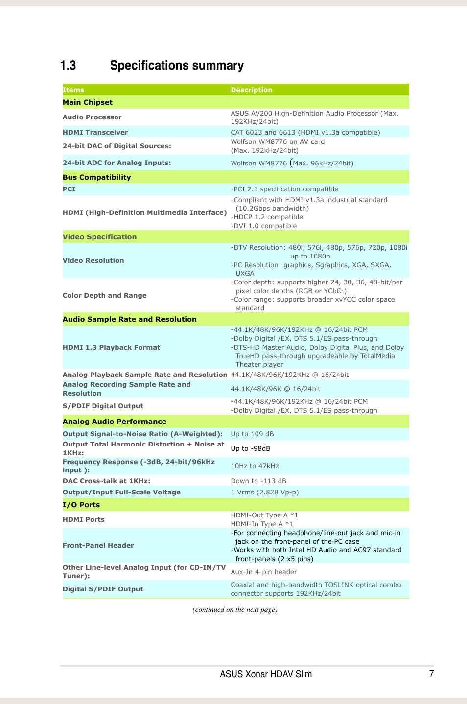 3 specifications summary, Specifications summary, 7asus xonar hdav slim | Asus Xonar HDAV1.3 Slim User Manual | Page 7 / 52
