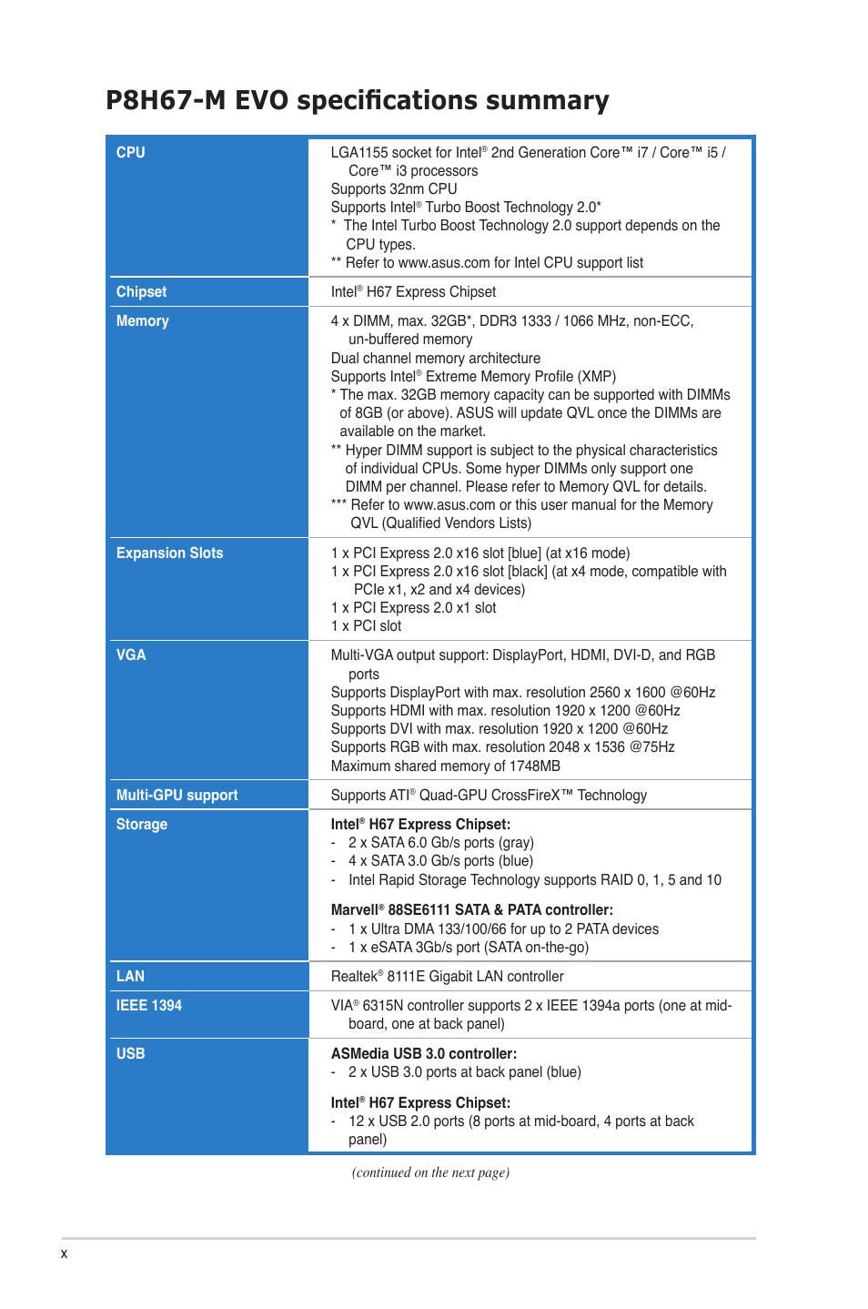 P8h67-m evo specifications summary | Asus P8H67-M EVO User Manual | Page 10 / 128