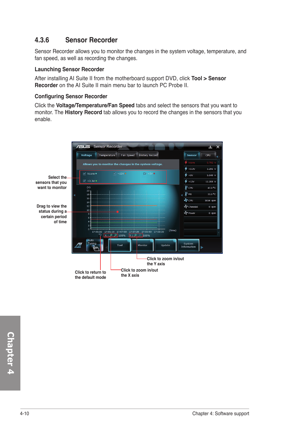6 sensor recorder, Sensor recorder -10, Chapter 4 | Asus P8H67-M EVO User Manual | Page 110 / 128