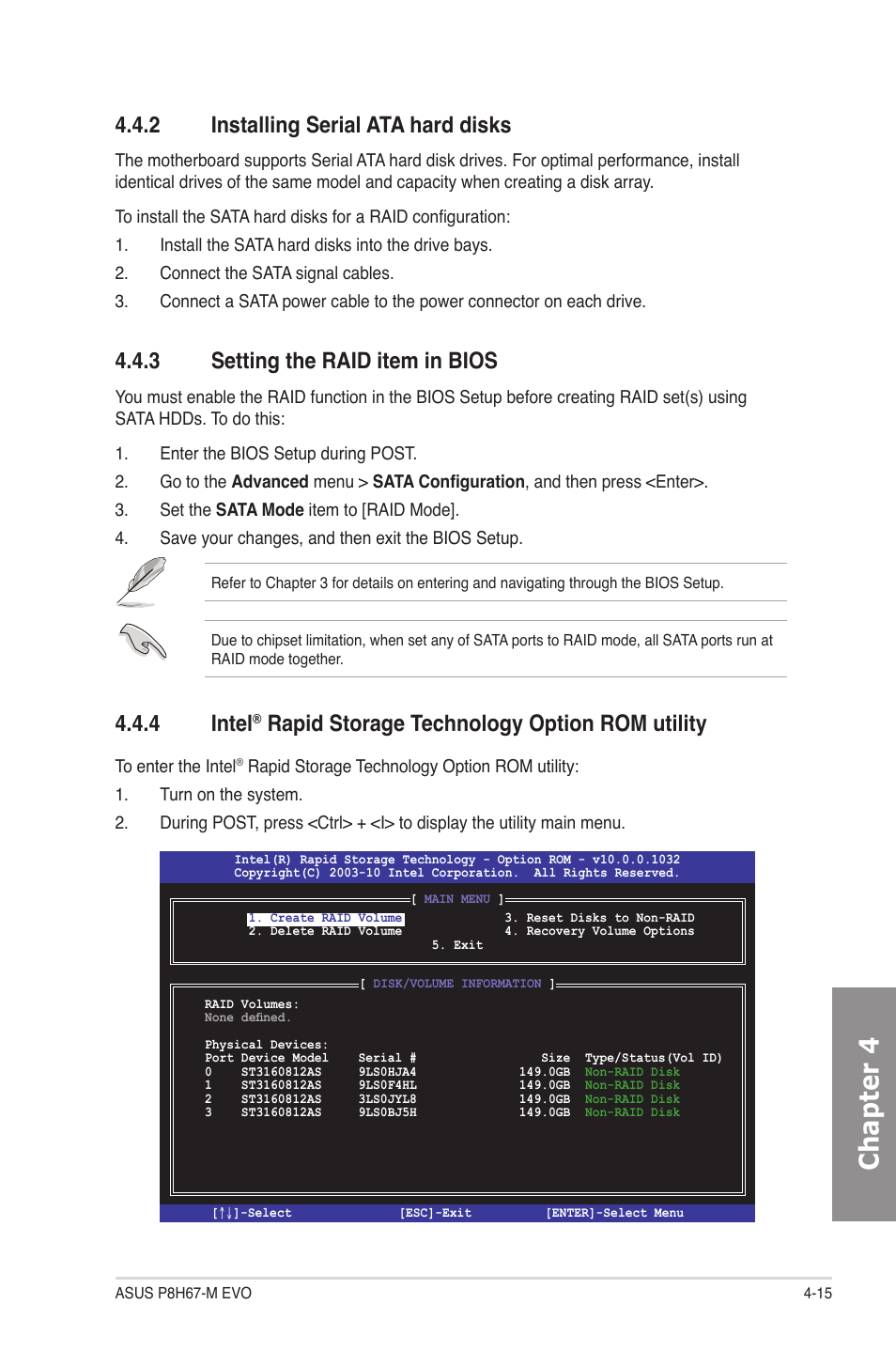 2 installing serial ata hard disks, 3 setting the raid item in bios, Installing serial ata hard disks -15 | Setting the raid item in bios -15, Intel, Rapid storage technology option rom utility -15, Chapter 4, 4 intel, Rapid storage technology option rom utility | Asus P8H67-M EVO User Manual | Page 115 / 128