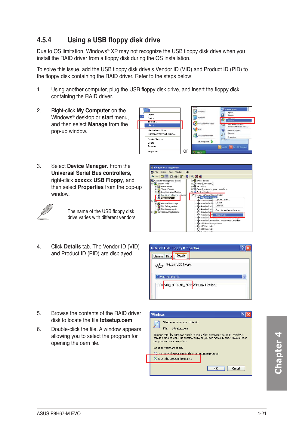 4 using a usb floppy disk drive, Using a usb floppy disk drive -21, Chapter 4 | Asus P8H67-M EVO User Manual | Page 121 / 128