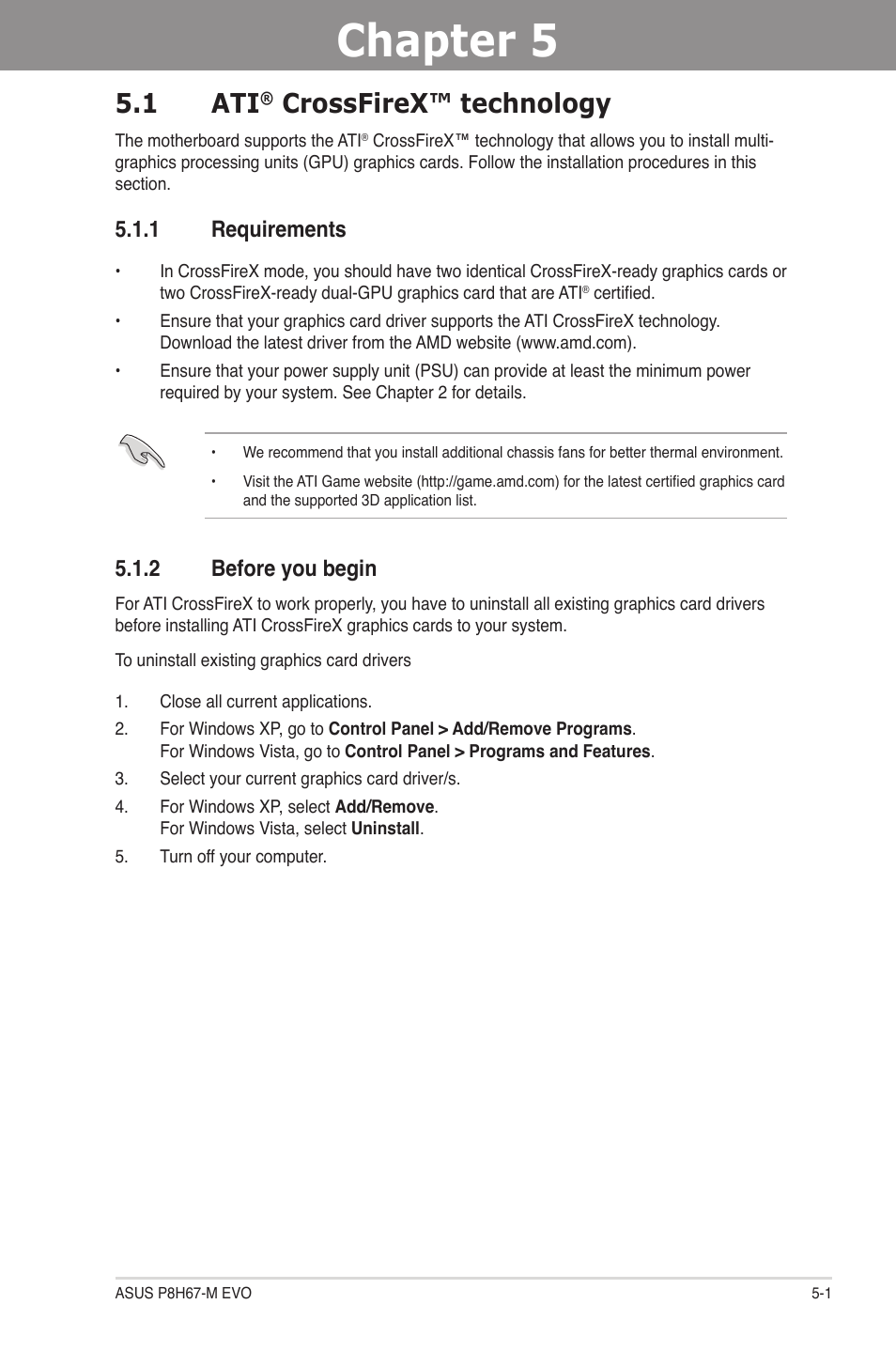 Chapter 5: ati® crossfirex™ technology support, 1 ati® crossfirex™ technology, 1 requirements | 2 before you begin, Chapter 5, Crossfirex™ technology support, Crossfirex™ technology -1, Requirements -1, Before you begin -1, 1 ati | Asus P8H67-M EVO User Manual | Page 123 / 128