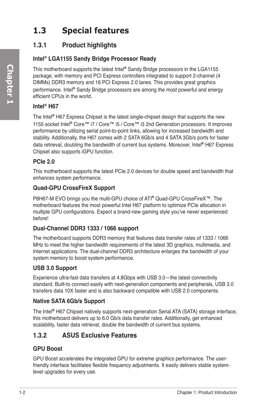 3 special features, 1 product highlights, 2 asus exclusive features | Special features -2 1.3.1, Product highlights -2, Asus exclusive features -2, Chapter 1 1.3 special features | Asus P8H67-M EVO User Manual | Page 14 / 128