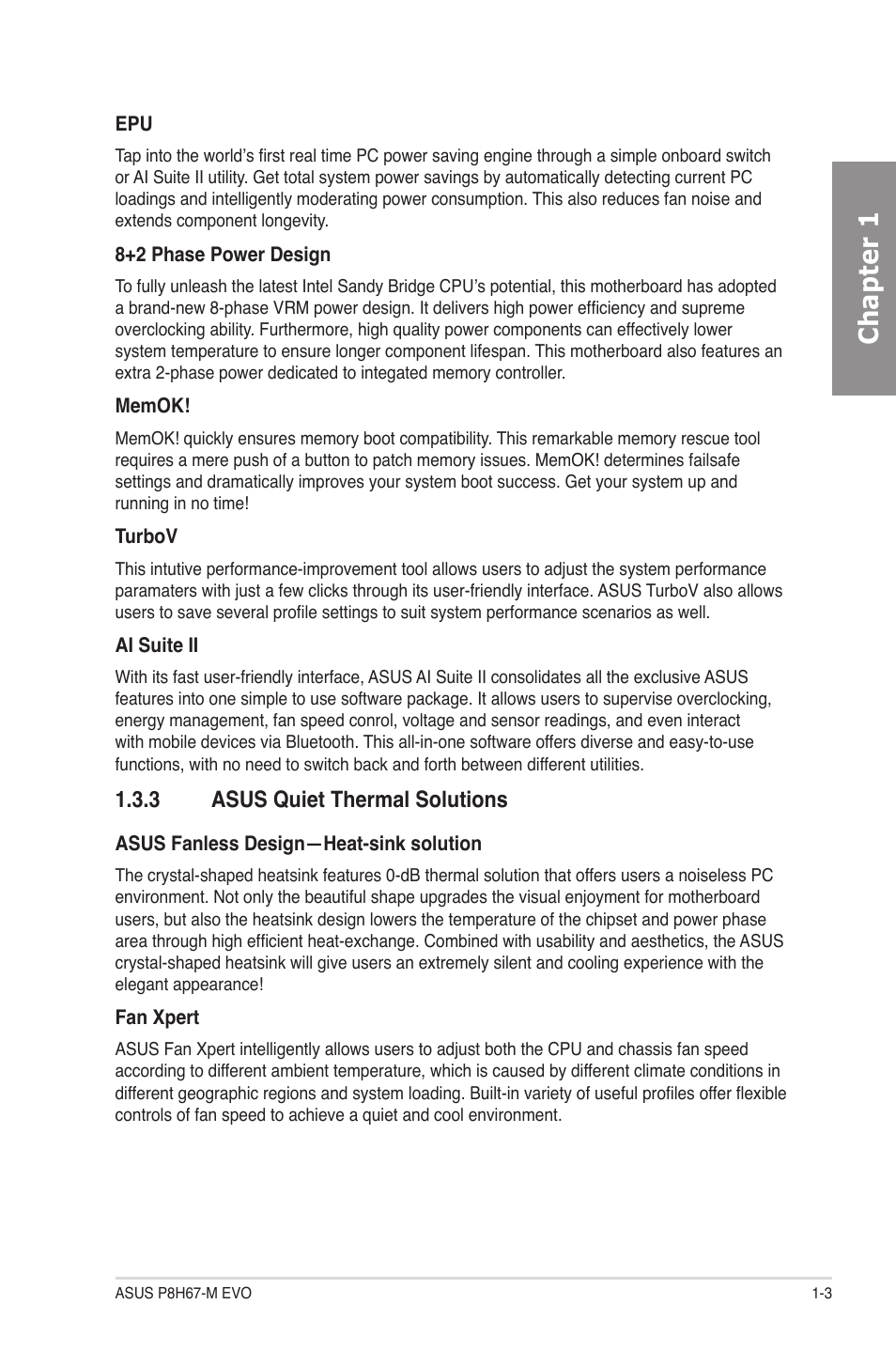 3 asus quiet thermal solutions, Asus quiet thermal solutions -3, Chapter 1 | Asus P8H67-M EVO User Manual | Page 15 / 128