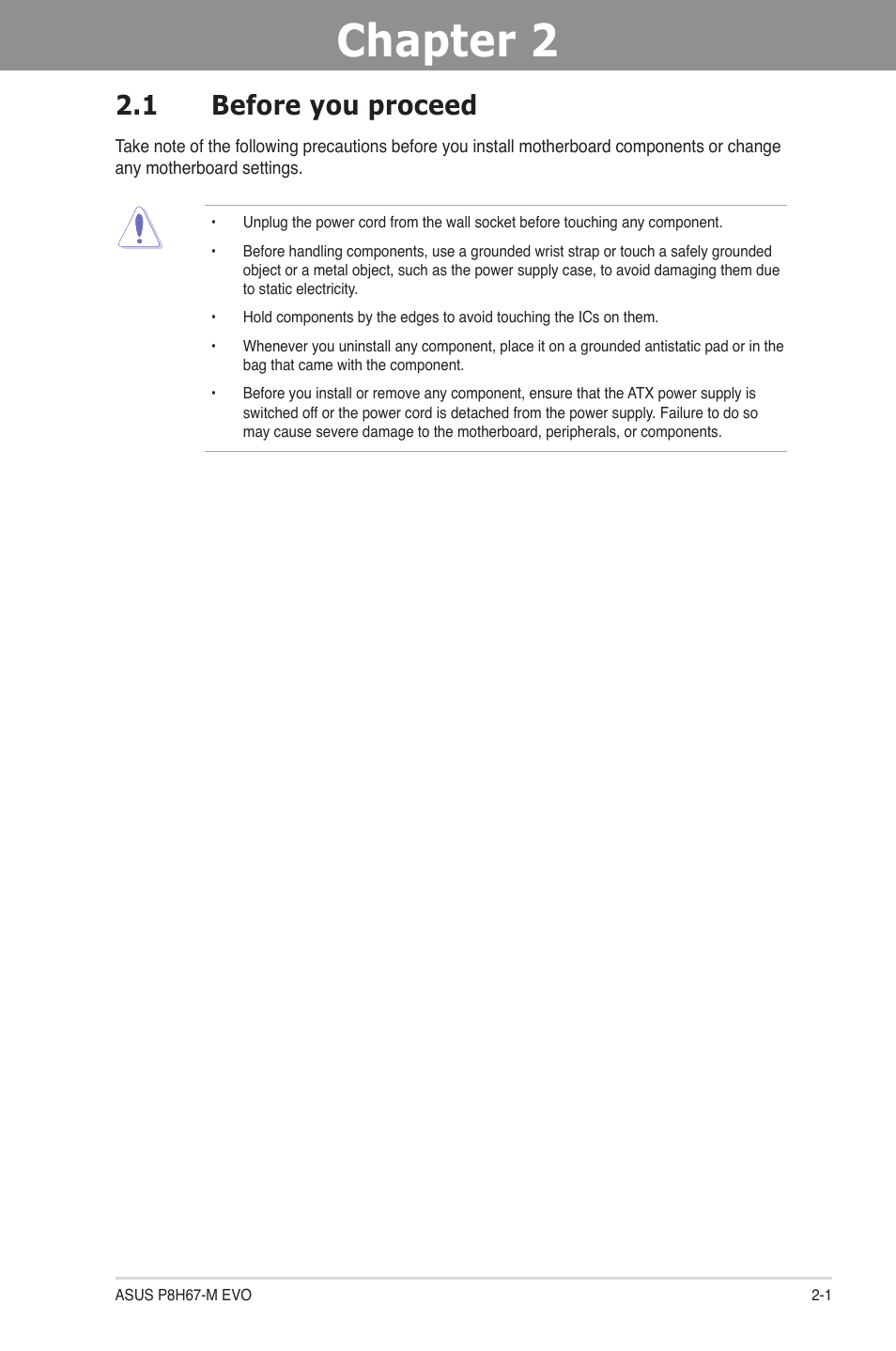 Chapter 2: hardware information, 1 before you proceed, Chapter 2 | Hardware information, Before you proceed -1 | Asus P8H67-M EVO User Manual | Page 17 / 128