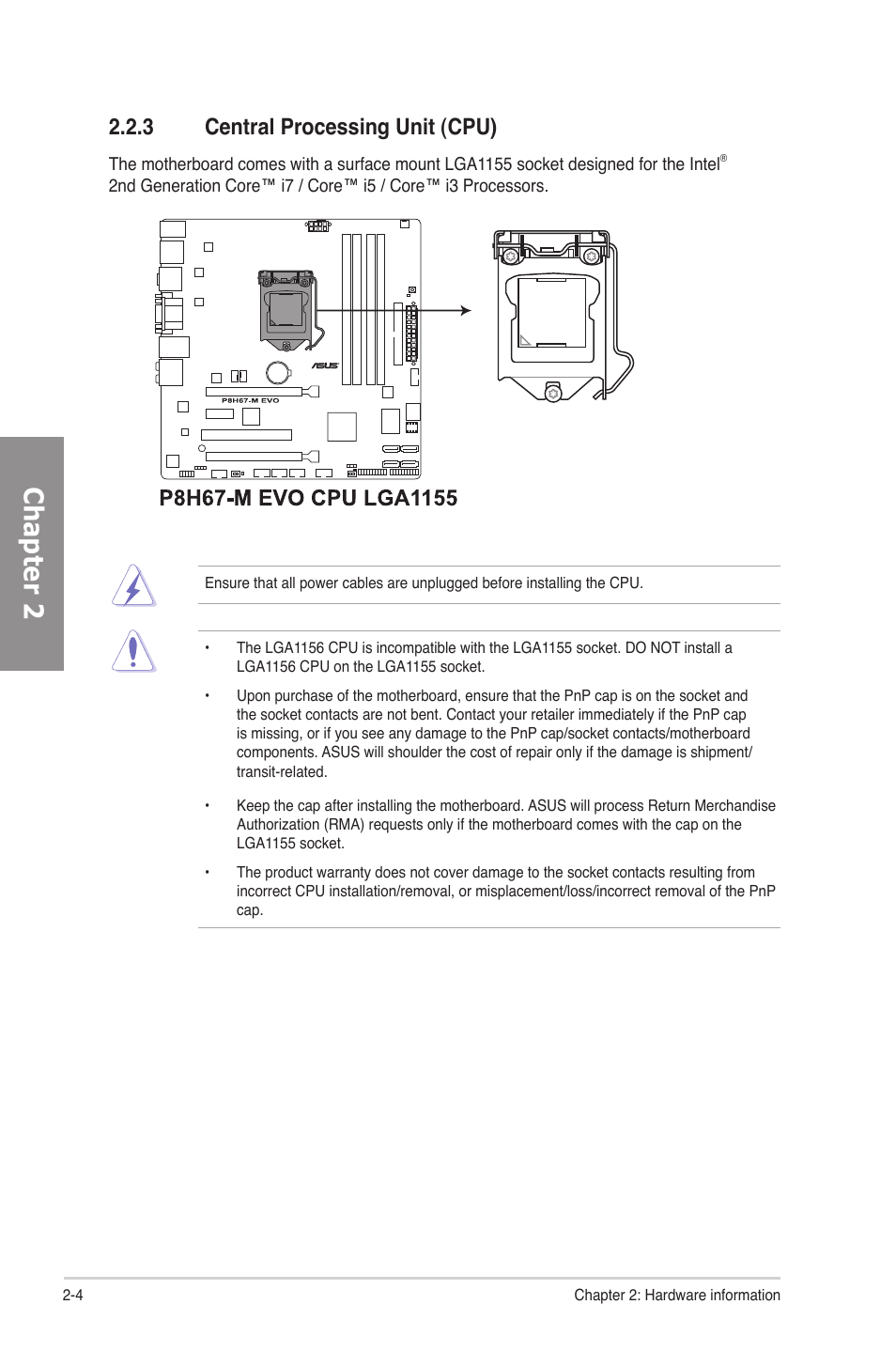 3 central processing unit (cpu), Central processing unit (cpu) -4, Chapter 2 | Asus P8H67-M EVO User Manual | Page 20 / 128