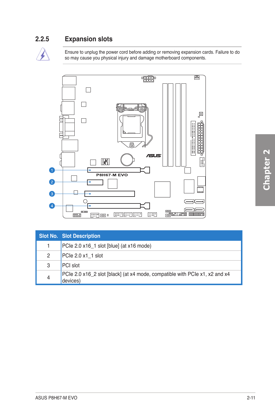 5 expansion slots, Expansion slots -11, Chapter 2 | Asus P8H67-M EVO User Manual | Page 27 / 128