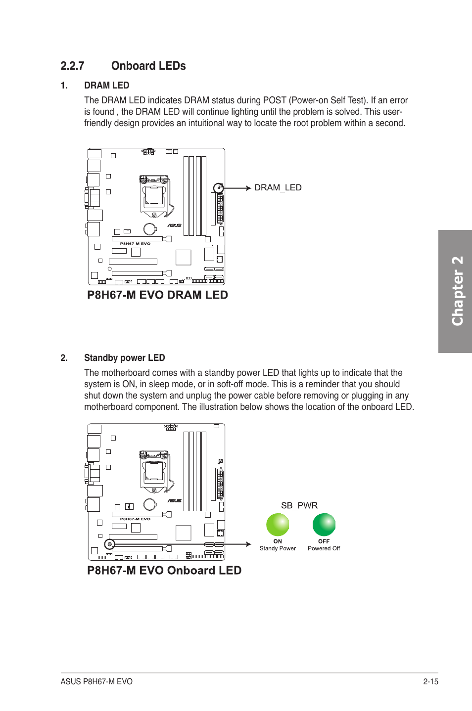 7 onboard leds, Onboard leds -15, Chapter 2 | Asus P8H67-M EVO User Manual | Page 31 / 128