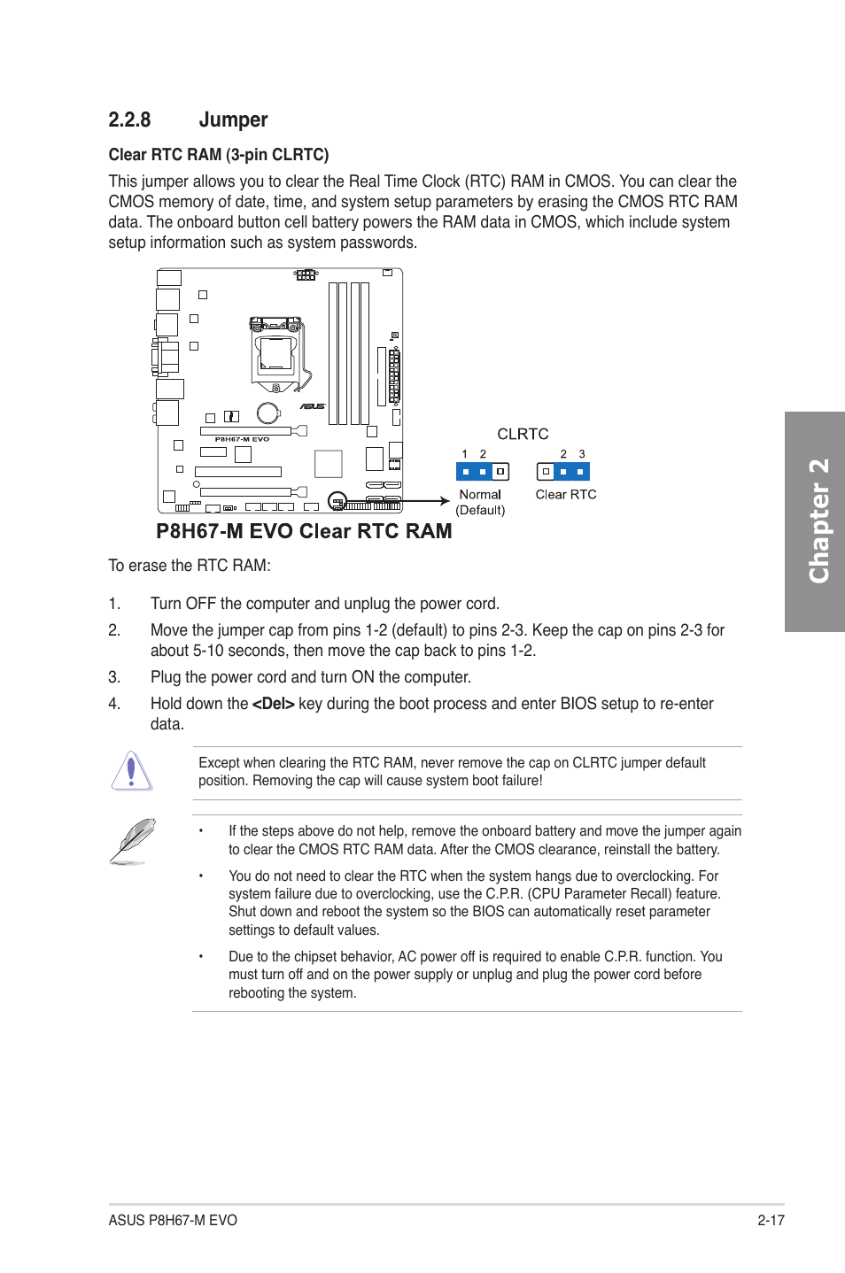 8 jumper, Jumper -17, Chapter 2 | Asus P8H67-M EVO User Manual | Page 33 / 128