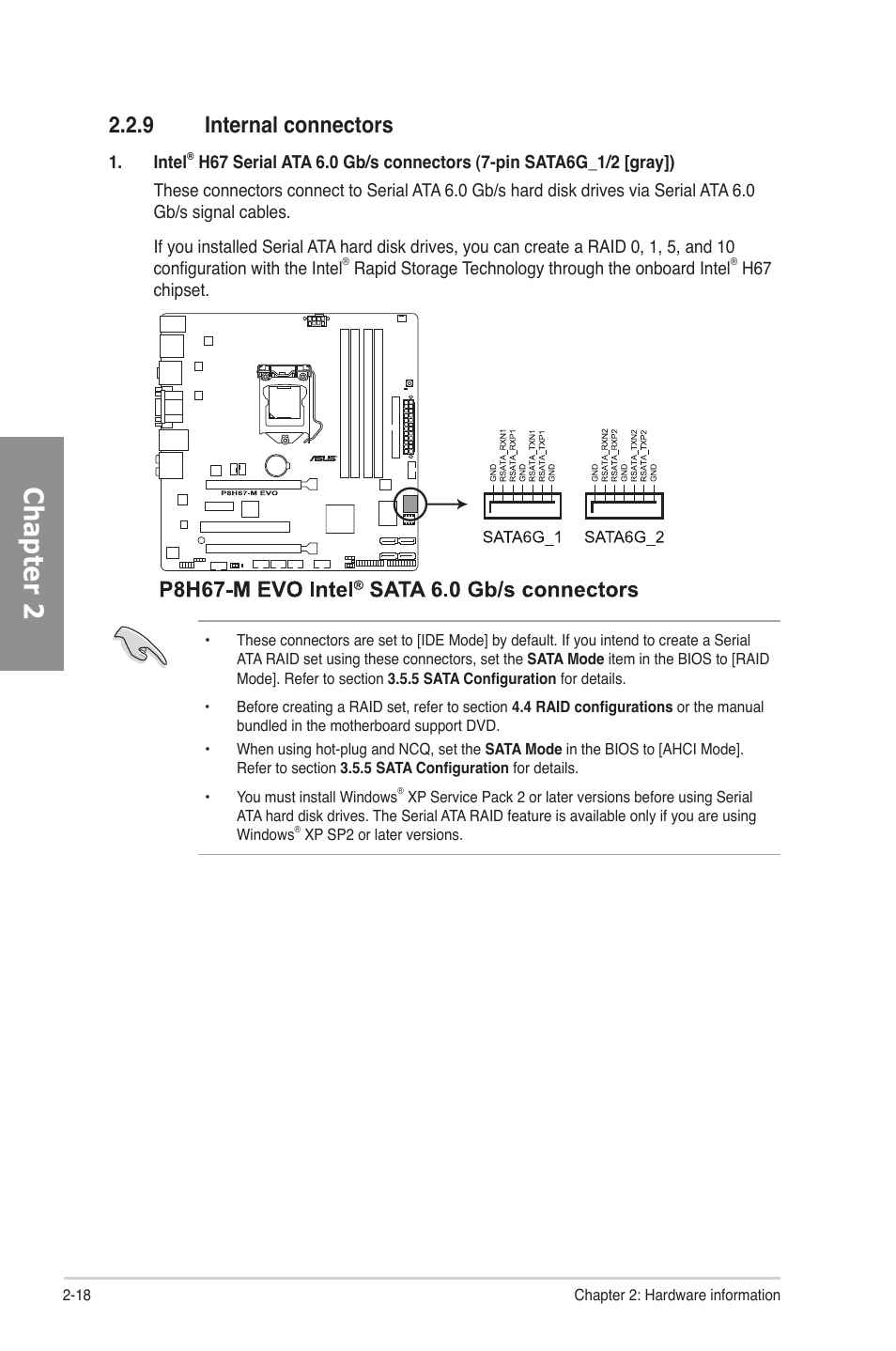 9 internal connectors, Internal connectors -18, Chapter 2 | Asus P8H67-M EVO User Manual | Page 34 / 128