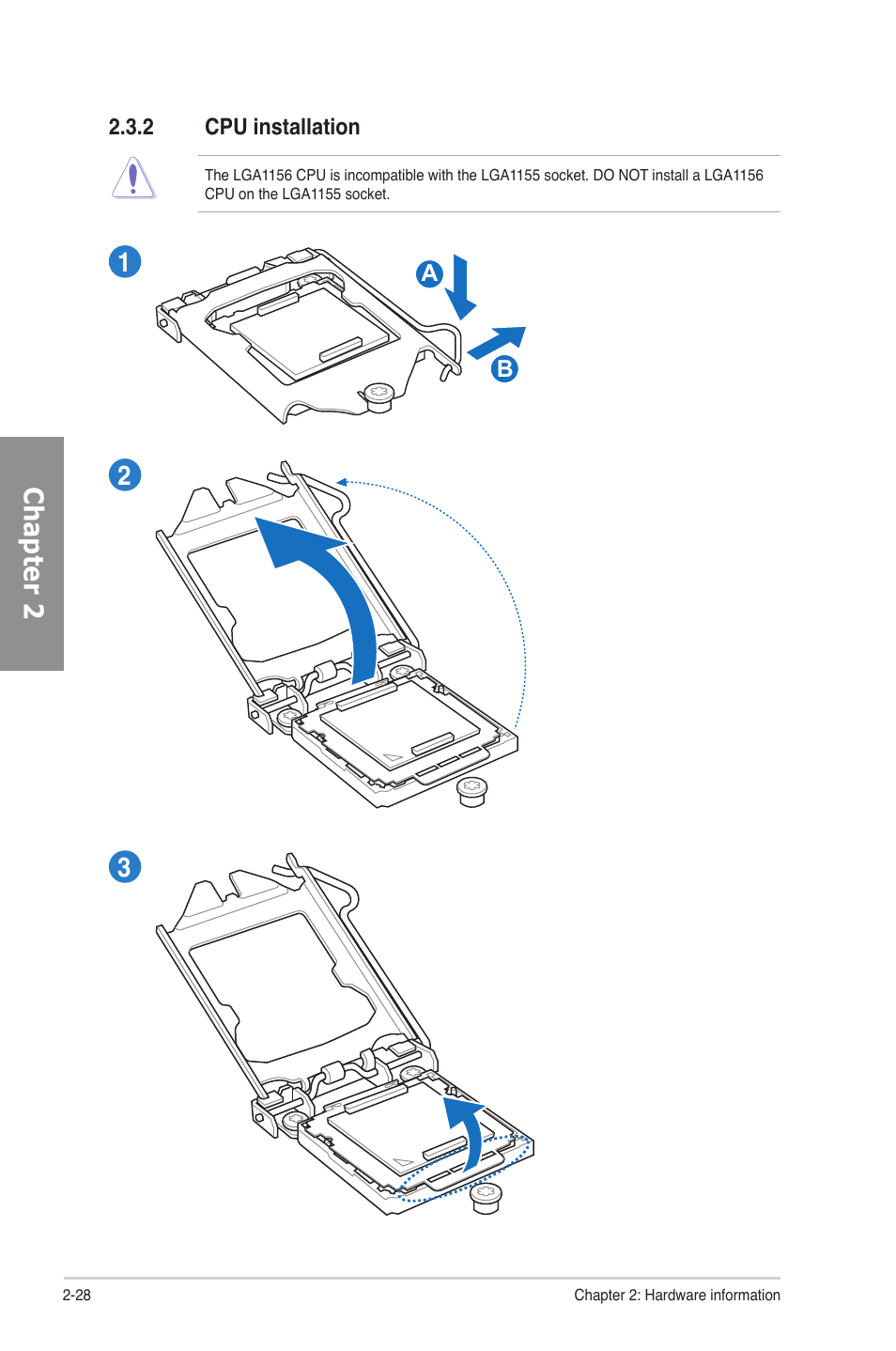 2 cpu installation, Cpu installation -28, Chapter 2 | Asus P8H67-M EVO User Manual | Page 44 / 128