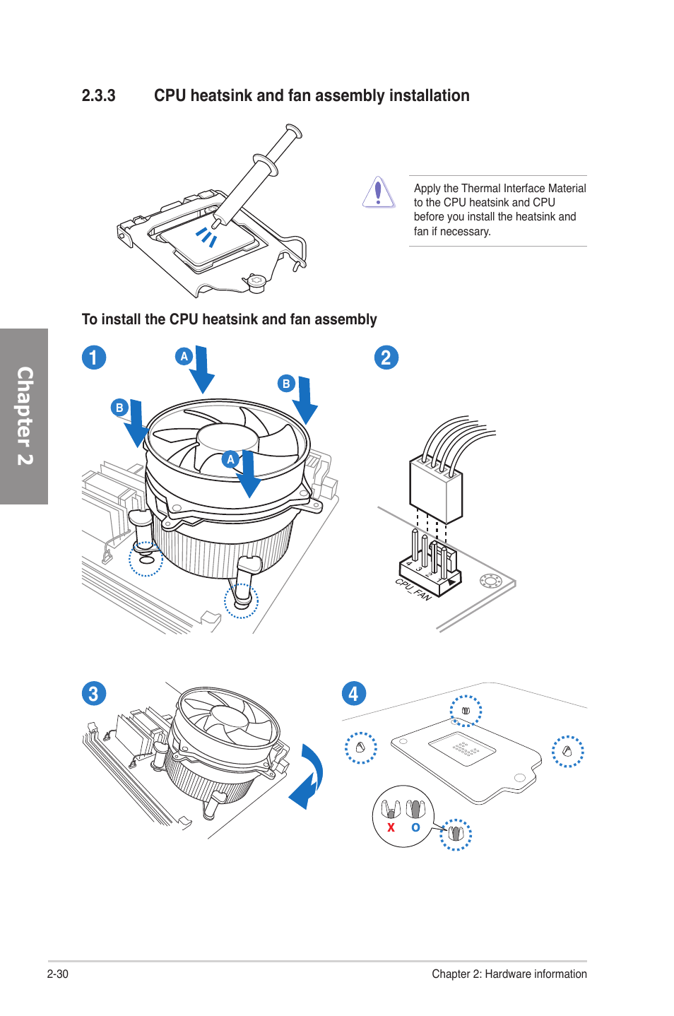 3 cpu heatsink and fan assembly installation, Cpu heatsink and fan assembly installation -30, Chapter 2 | Asus P8H67-M EVO User Manual | Page 46 / 128