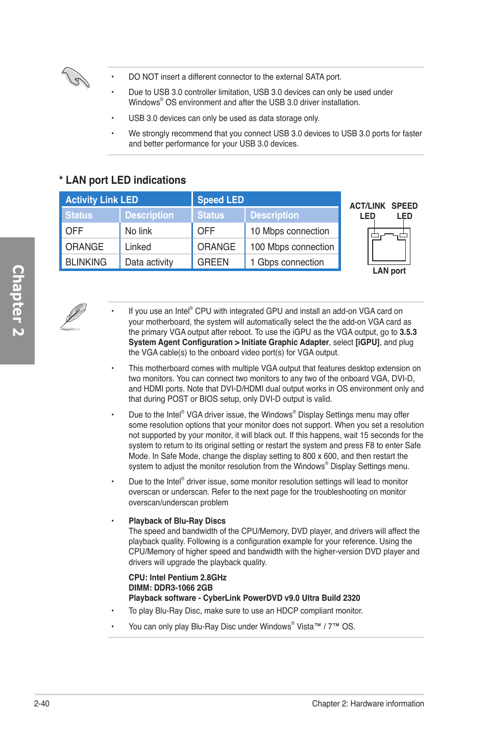 Chapter 2, Lan port led indications | Asus P8H67-M EVO User Manual | Page 56 / 128