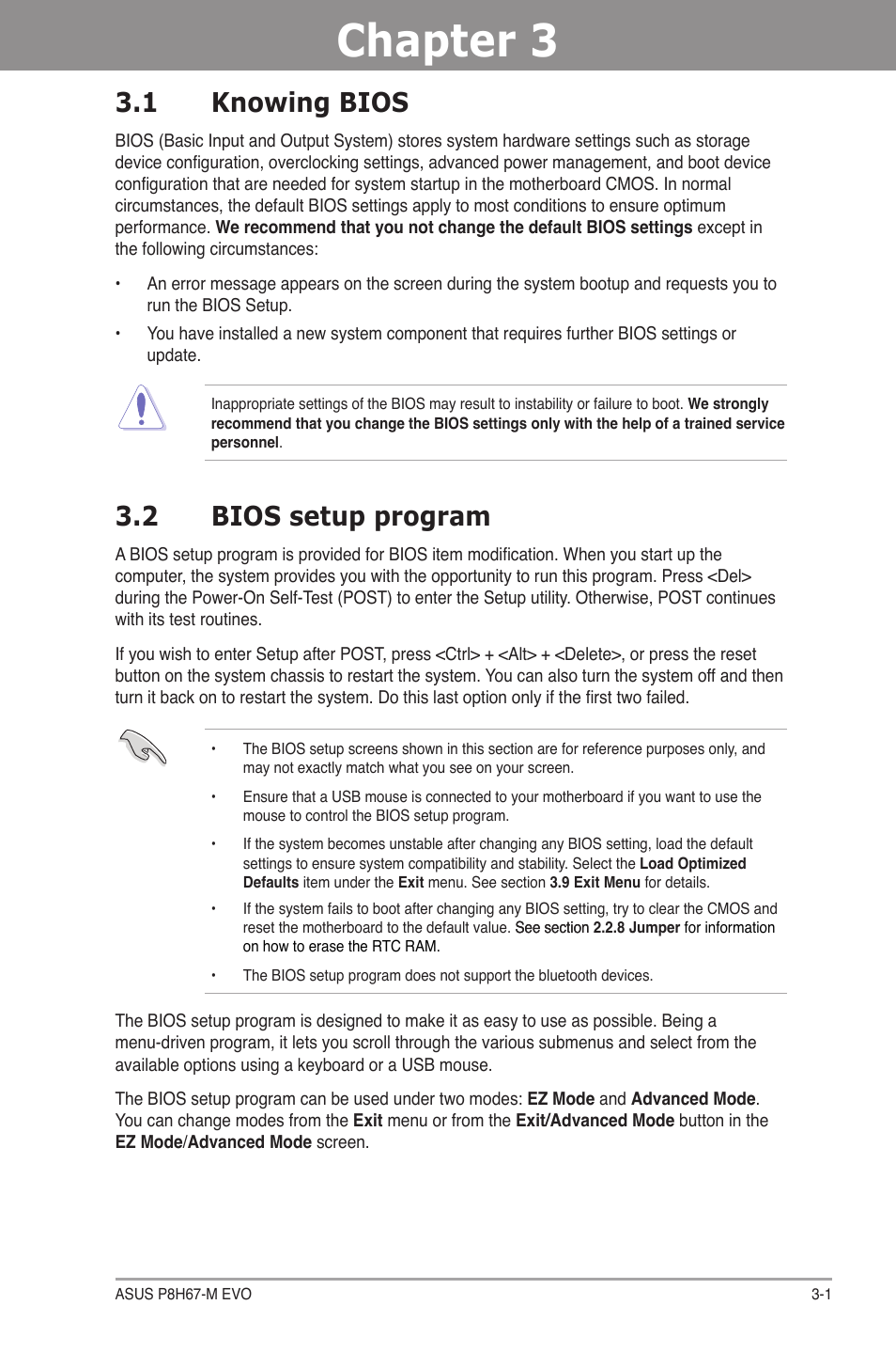 Chapter 3: bios setup, 1 knowing bios, 2 bios setup program | Chapter 3, Bios setup, Knowing bios -1, Bios setup program -1 | Asus P8H67-M EVO User Manual | Page 63 / 128