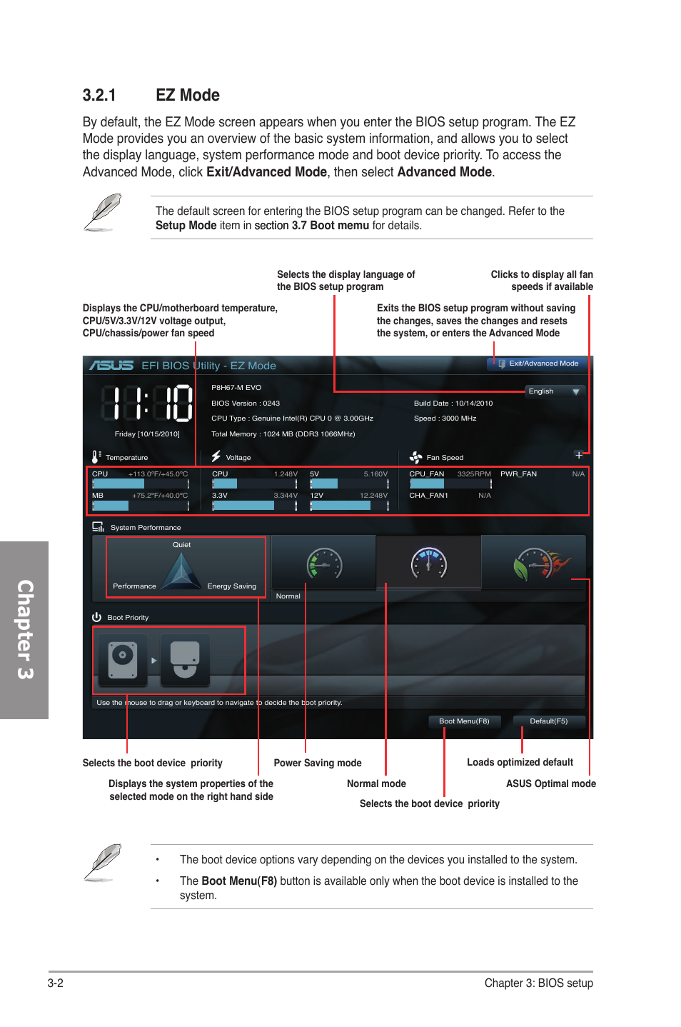 1 ez mode, Ez mode -2, Chapter 3 | 2 chapter 3: bios setup | Asus P8H67-M EVO User Manual | Page 64 / 128