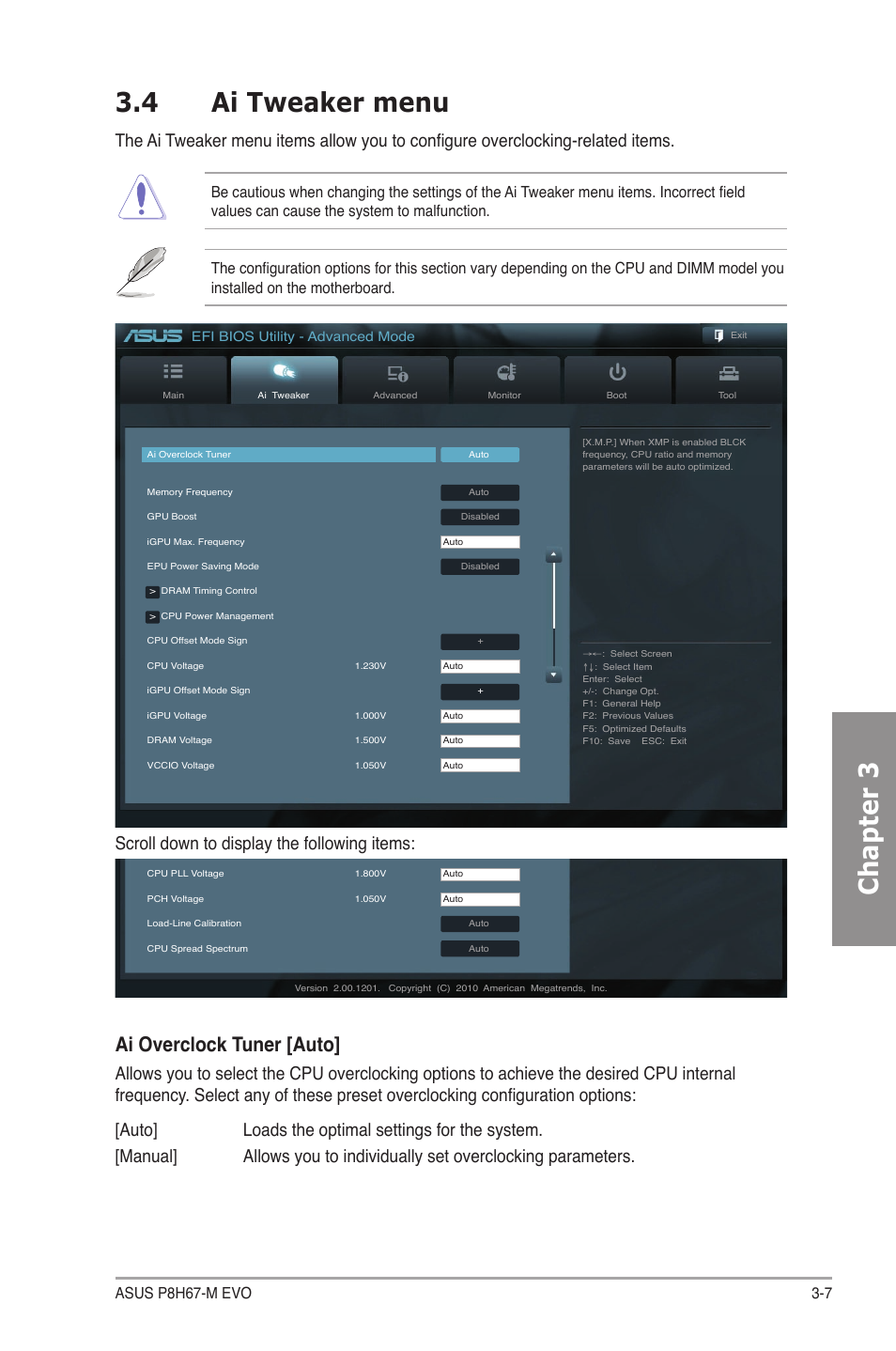 4 ai tweaker menu, Ai tweaker menu -7, Chapter 3 | Ai overclock tuner [auto, Scroll down to display the following items | Asus P8H67-M EVO User Manual | Page 69 / 128