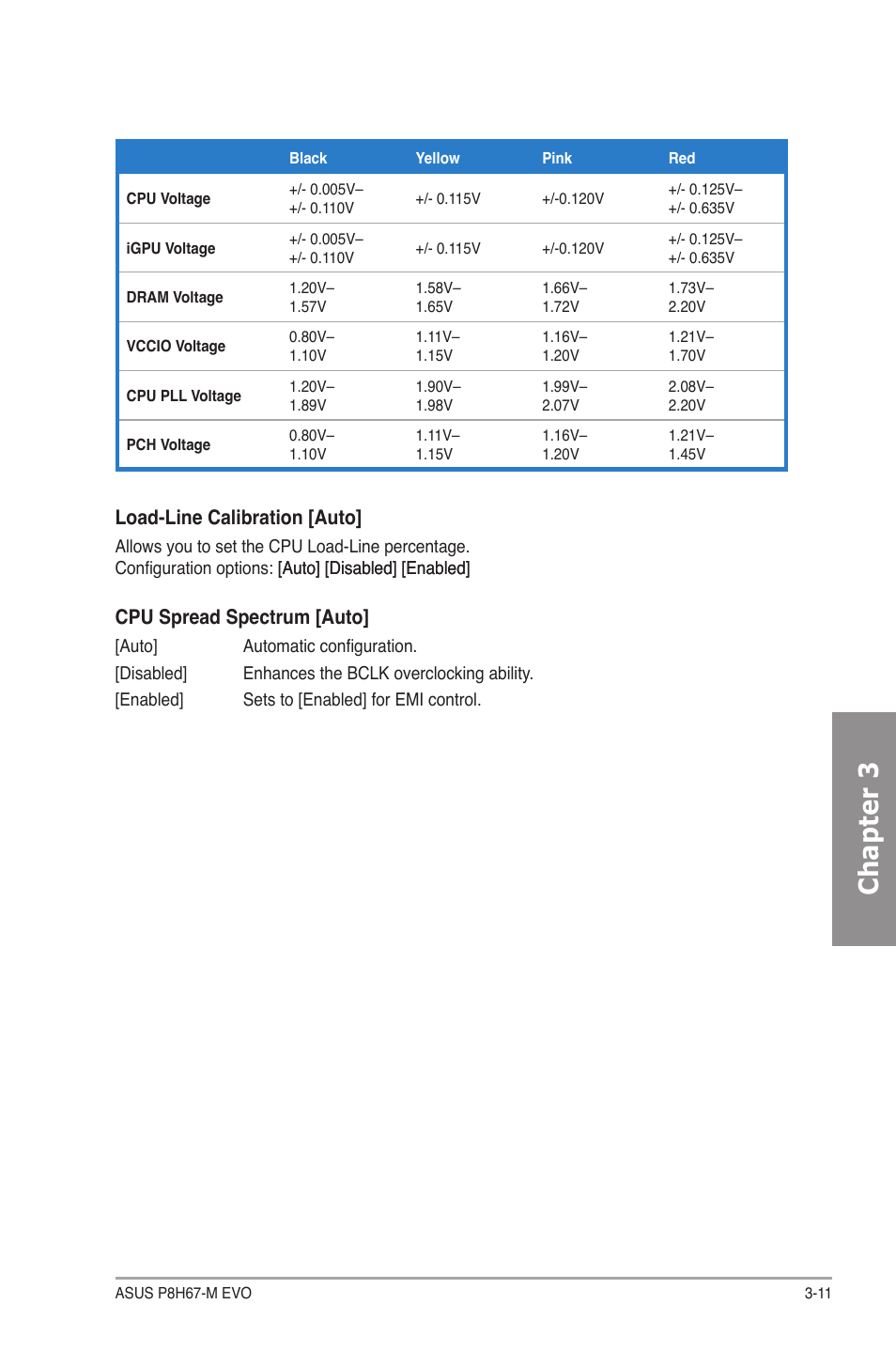 Chapter 3, Load-line calibration [auto, Cpu spread spectrum [auto | Asus P8H67-M EVO User Manual | Page 73 / 128