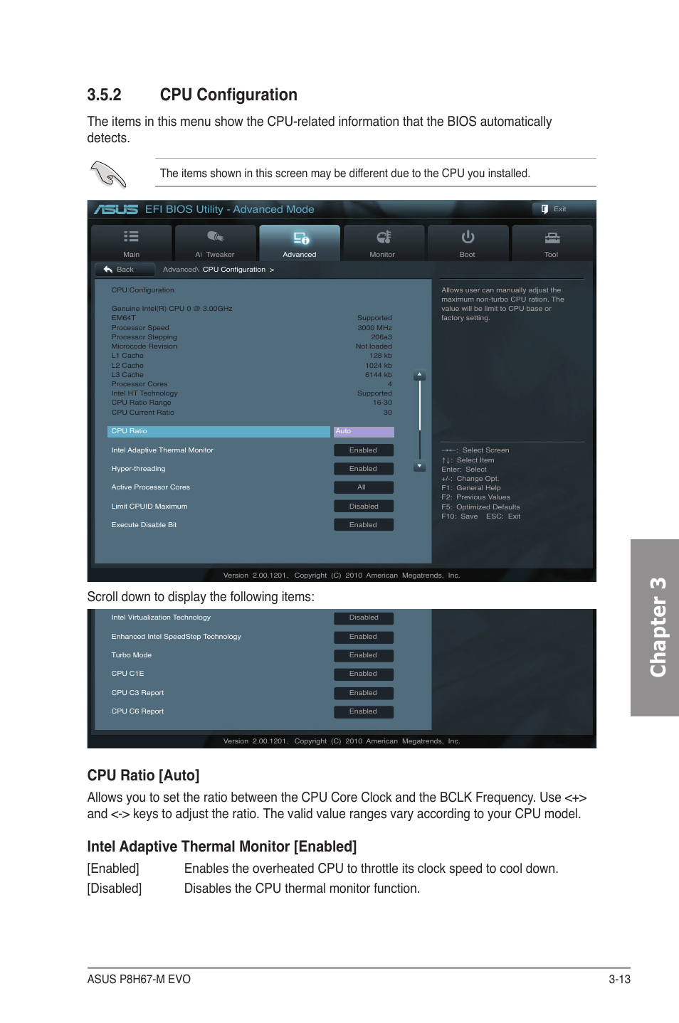 2 cpu configuration, Cpu configuration -13, Chapter 3 | Cpu ratio [auto, Intel adaptive thermal monitor [enabled, Scroll down to display the following items, Efi bios utility - advanced mode | Asus P8H67-M EVO User Manual | Page 75 / 128