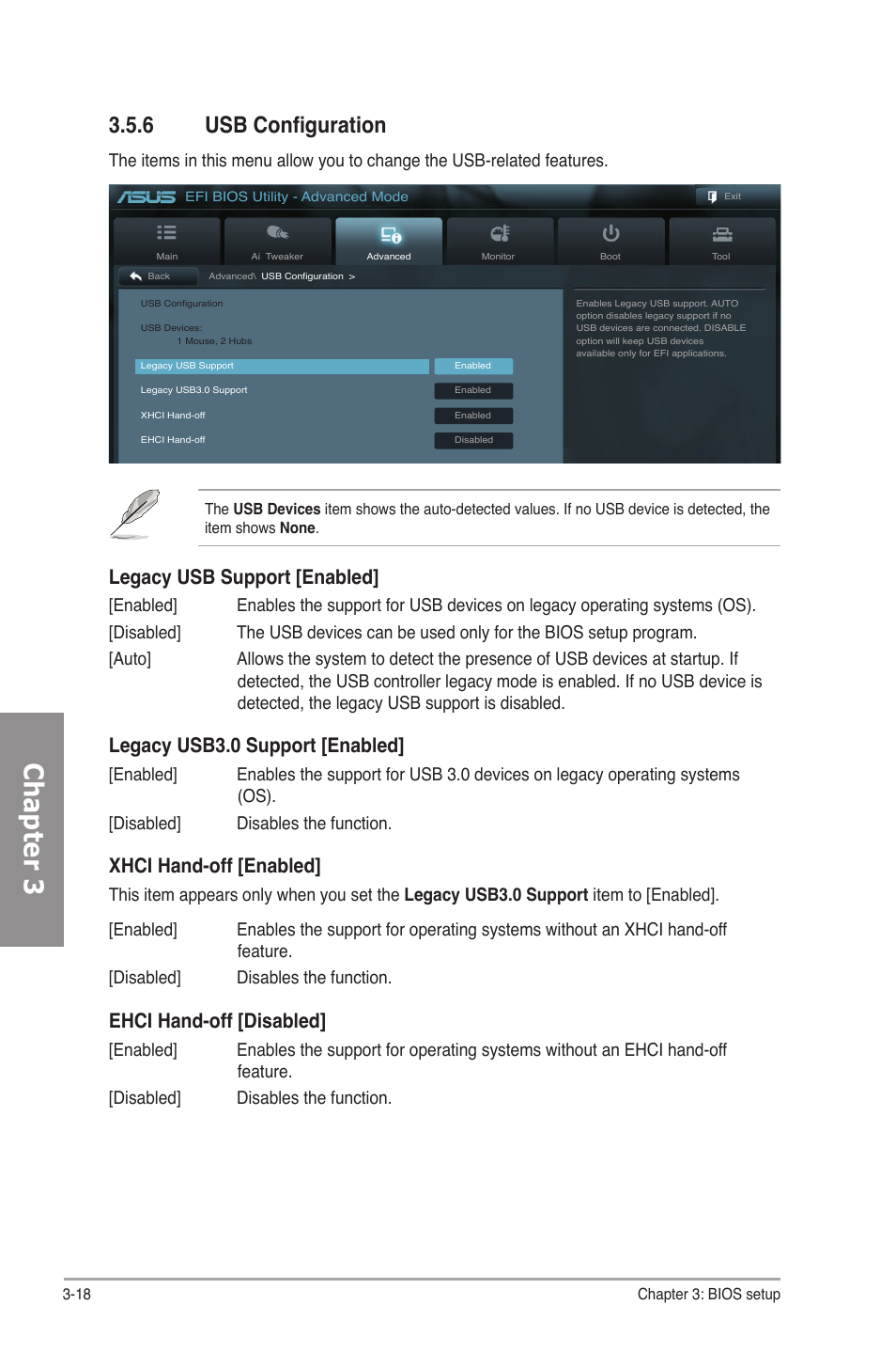 6 usb configuration, Usb configuration -18, Chapter 3 | Legacy usb support [enabled, Legacy usb3.0 support [enabled, Xhci hand-off [enabled, Ehci hand-off [disabled | Asus P8H67-M EVO User Manual | Page 80 / 128