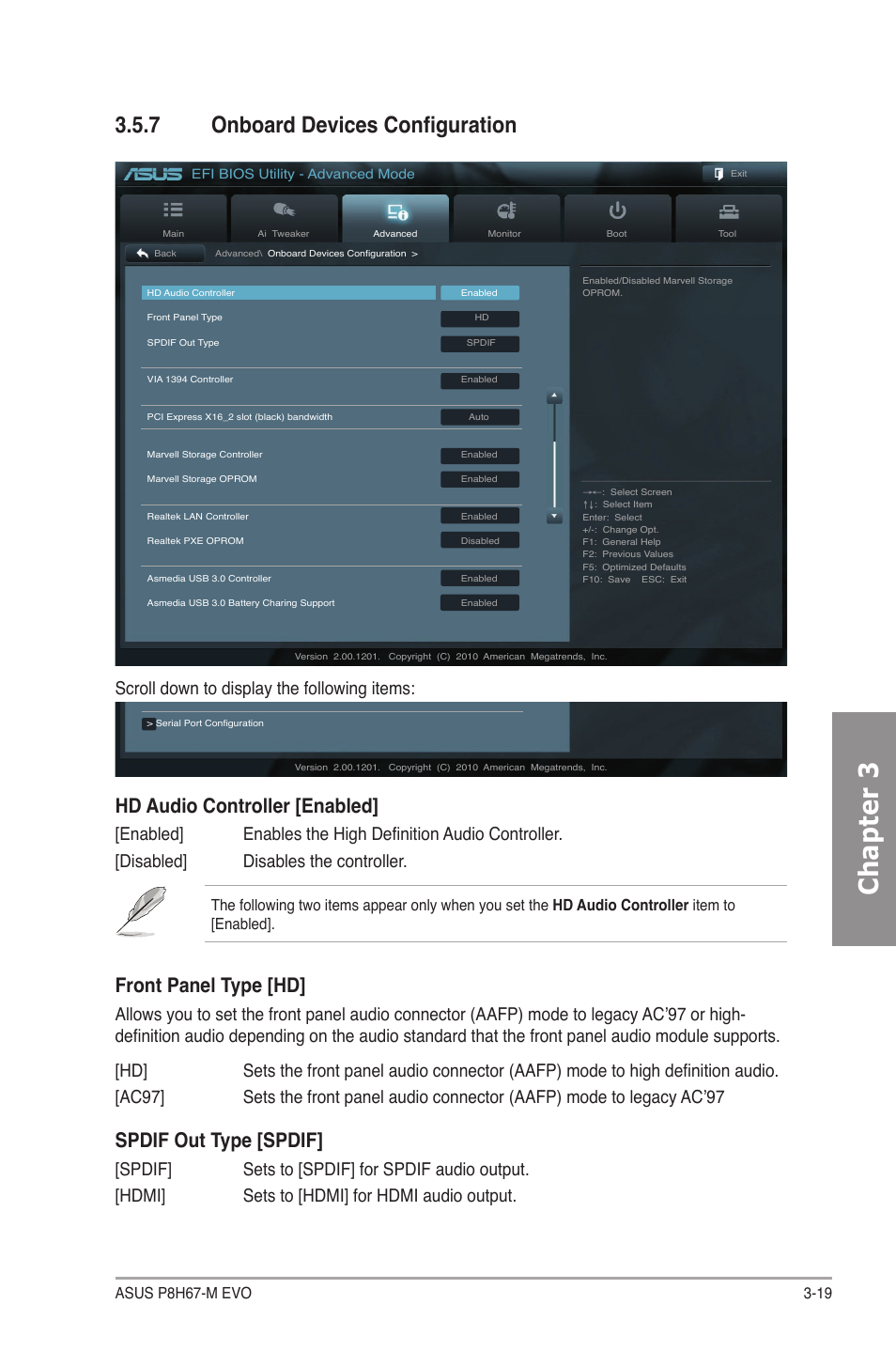 7 onboard devices configuration, Onboard devices configuration -19, Chapter 3 | Hd audio controller [enabled, Front panel type [hd, Spdif out type [spdif, Scroll down to display the following items | Asus P8H67-M EVO User Manual | Page 81 / 128