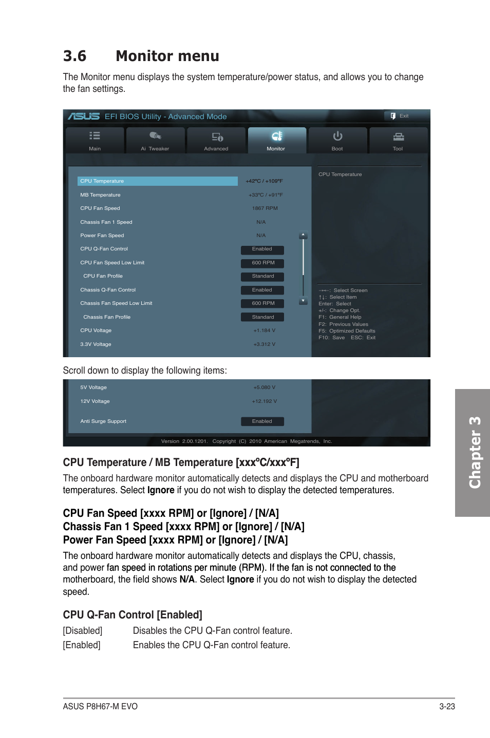 6 monitor menu, Monitor menu -23, Chapter 3 3.6 monitor menu | Cpu q-fan control [enabled | Asus P8H67-M EVO User Manual | Page 85 / 128