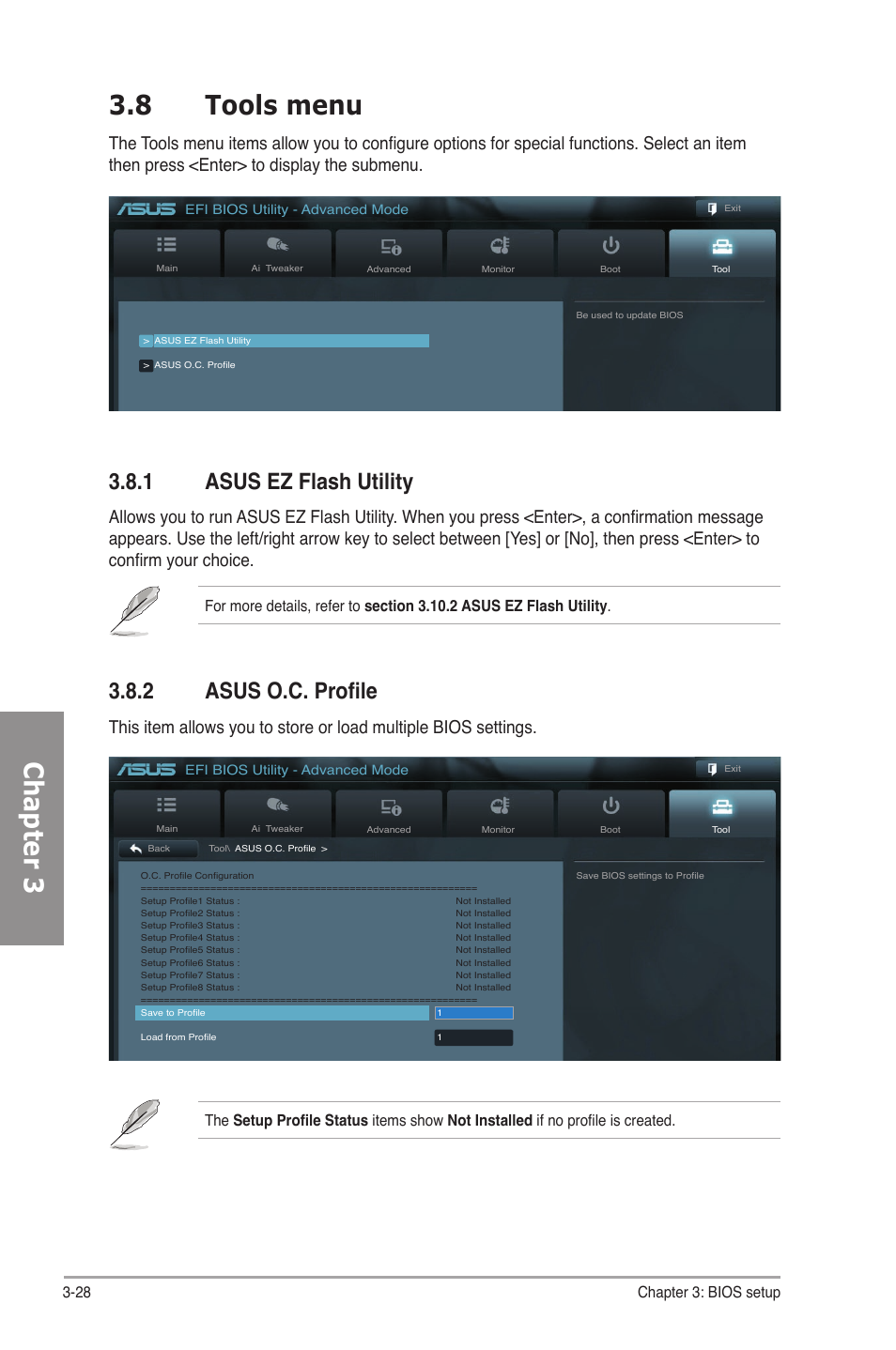 8 tools menu, 1 asus ez flash utility, 2 asus o.c. profile | Tools menu -28 3.8.1, Asus ez flash utility -28, Asus o.c. profile -28, Chapter 3 3.8 tools menu, 28 chapter 3: bios setup | Asus P8H67-M EVO User Manual | Page 90 / 128