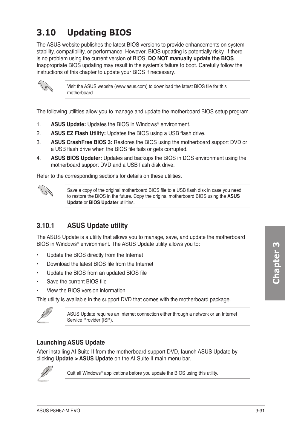 10 updating bios, 1 asus update utility, Updating bios -31 3.10.1 | Asus update utility -31, Chapter 3 3.10 updating bios | Asus P8H67-M EVO User Manual | Page 93 / 128