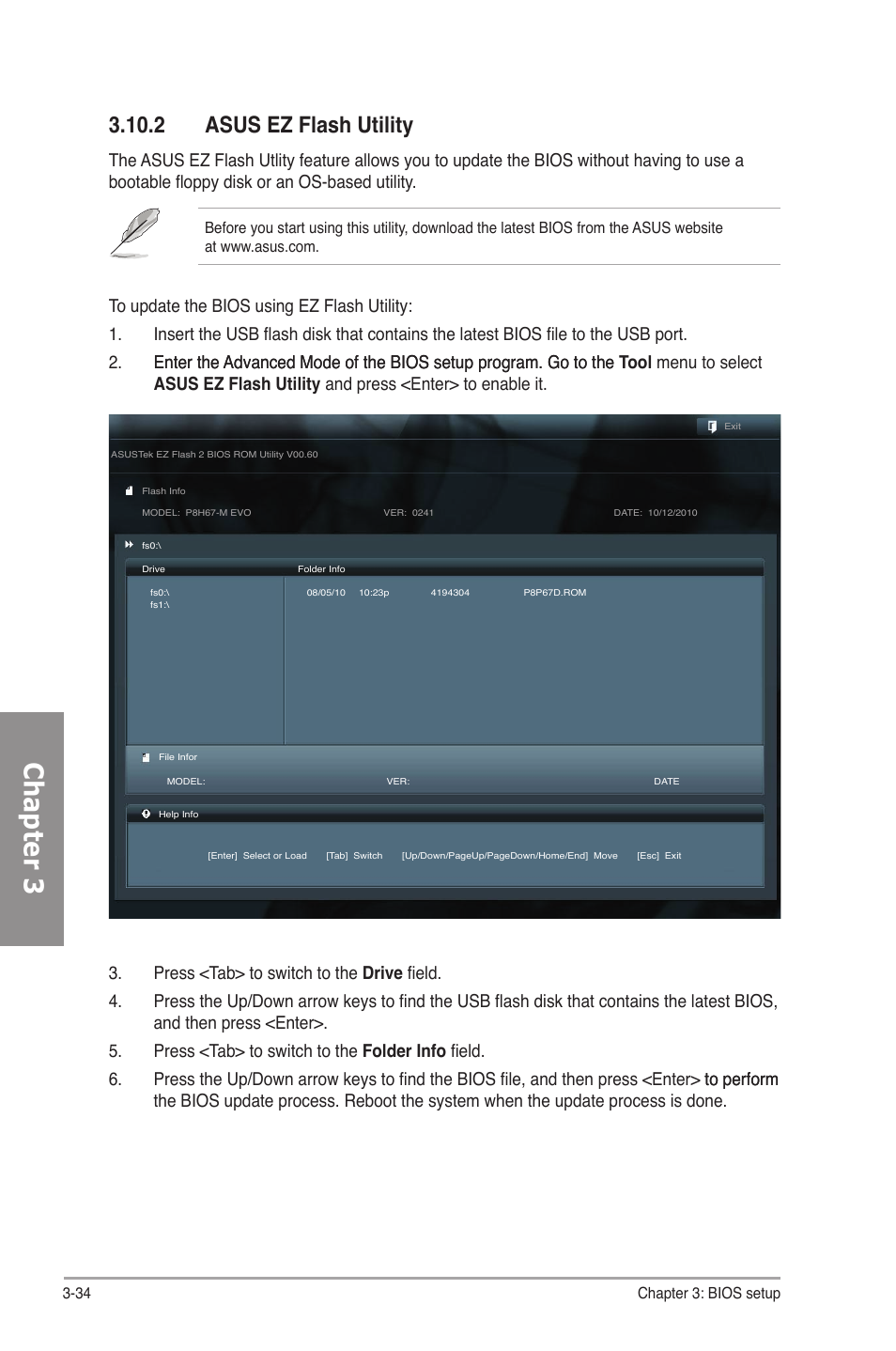 2 asus ez flash utility, Asus ez flash utility -34, Chapter 3 | Asus P8H67-M EVO User Manual | Page 96 / 128