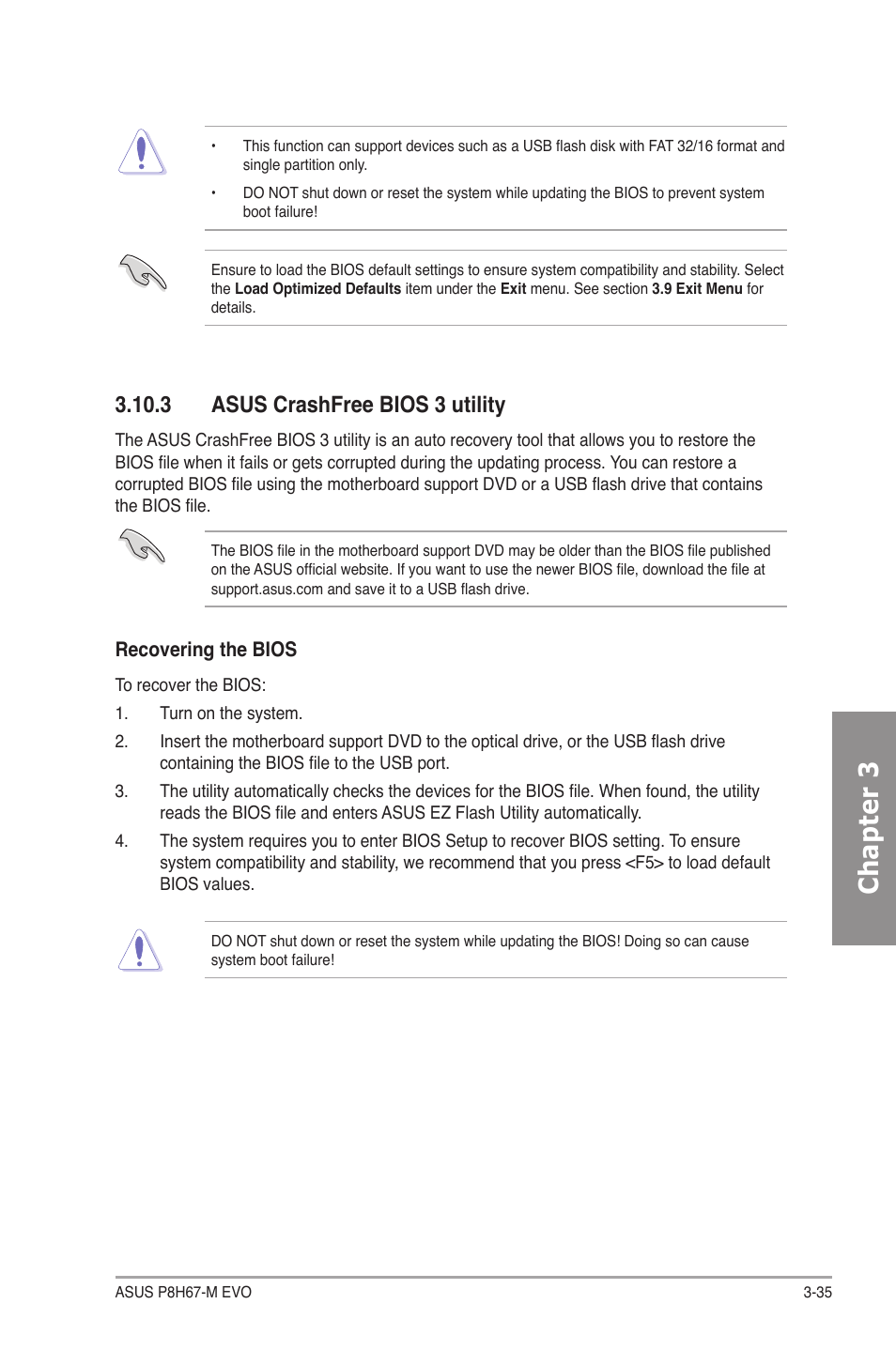 3 asus crashfree bios 3 utility, Asus crashfree bios 3 utility -35, Chapter 3 | Asus P8H67-M EVO User Manual | Page 97 / 128