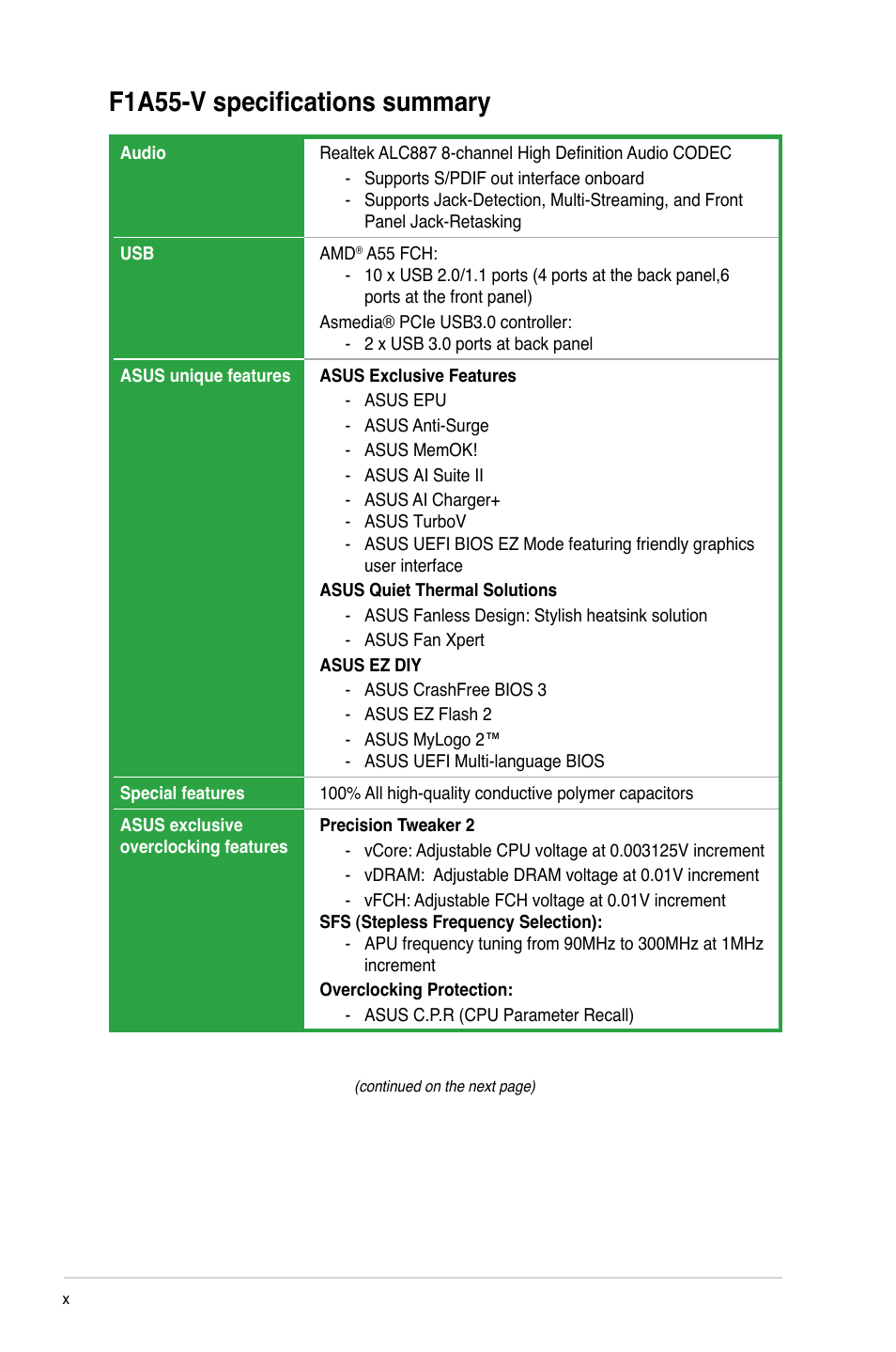 F1a55-v specifications summary | Asus F1A55-V User Manual | Page 10 / 70