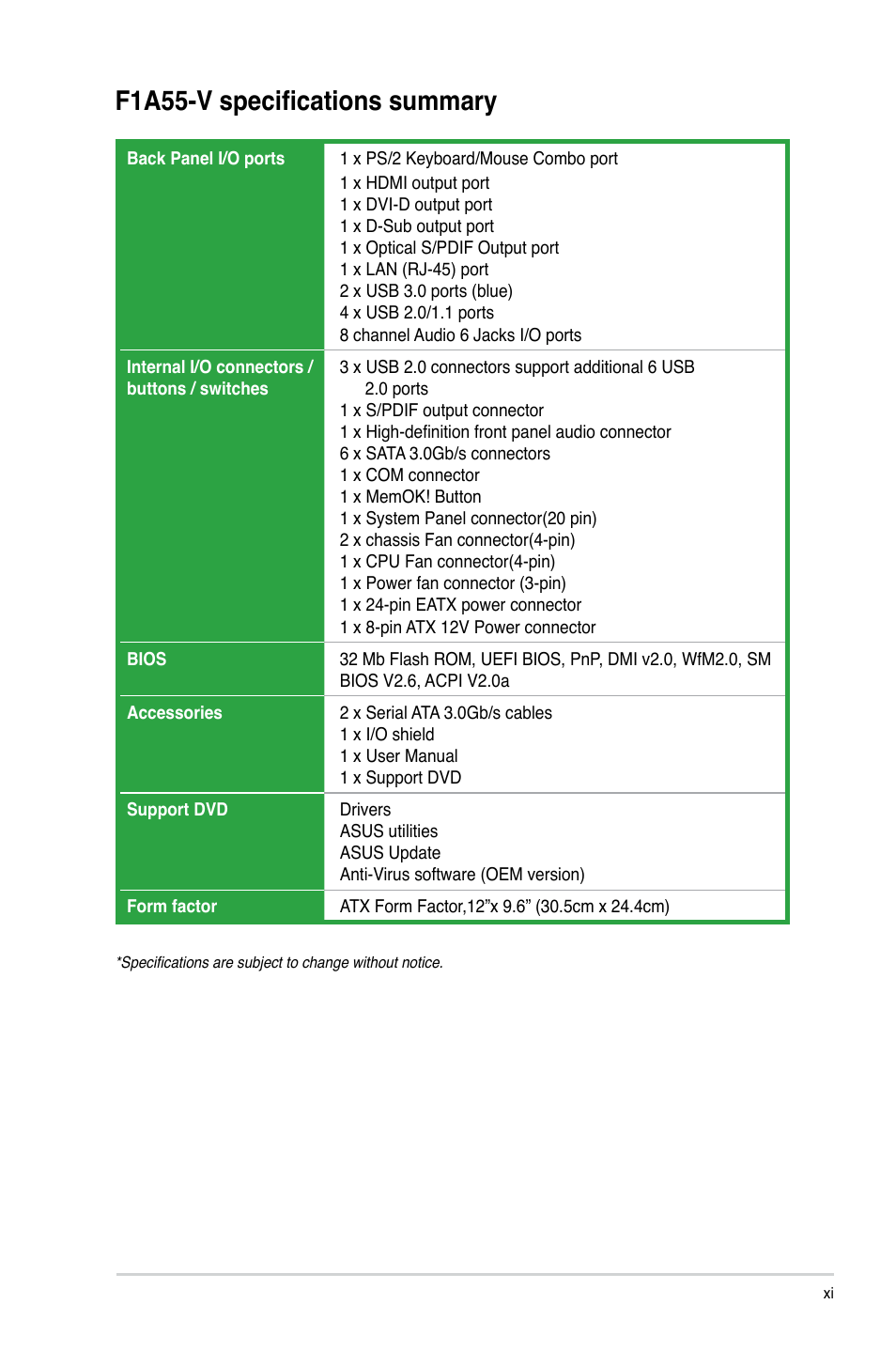 F1a55-v specifications summary | Asus F1A55-V User Manual | Page 11 / 70