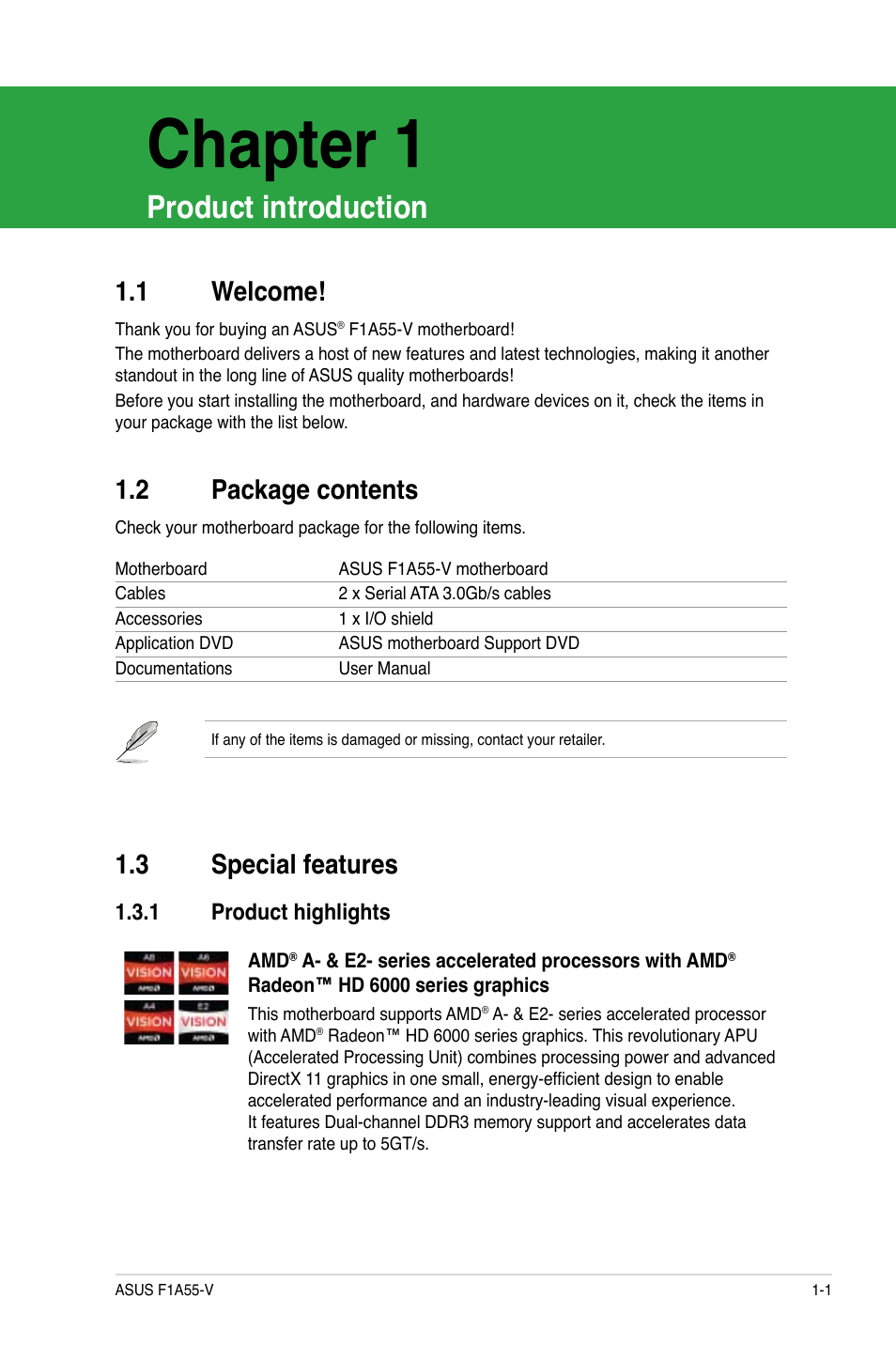 Chapter 1, Product introduction, 1 welcome | 2 package contents, 3 special features, 1 product highlights, Chapter 1 product introduction, Welcome! -1, Package contents -1, Special features -1 1.3.1 | Asus F1A55-V User Manual | Page 13 / 70