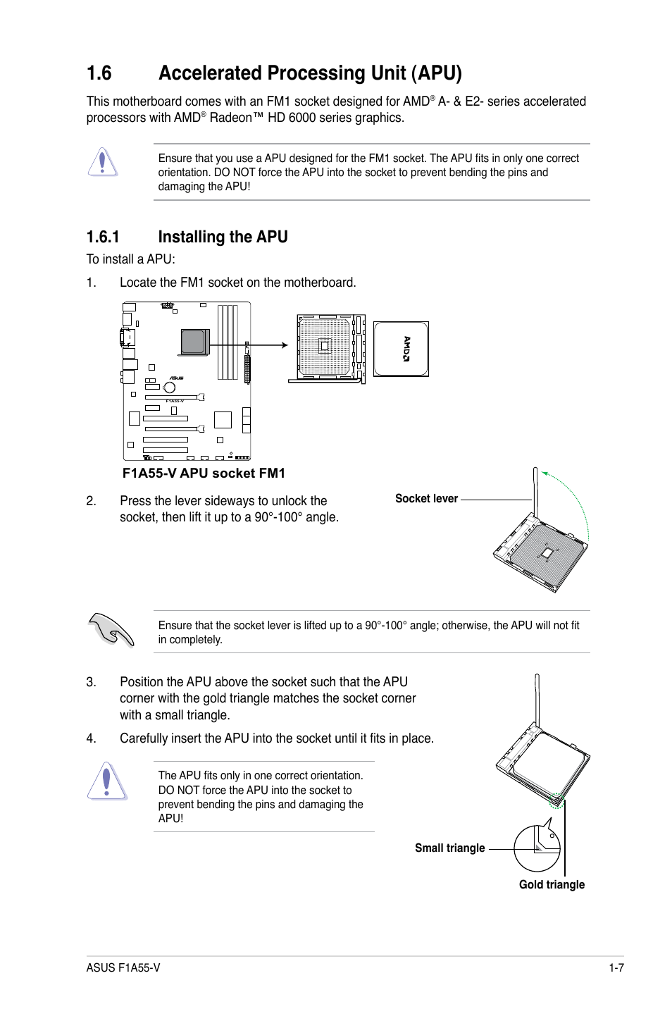 6 accelerated processing unit (apu), 1 installing the apu, Accelerated processing unit (apu) -7 1.6.1 | Installing the apu -7 | Asus F1A55-V User Manual | Page 19 / 70