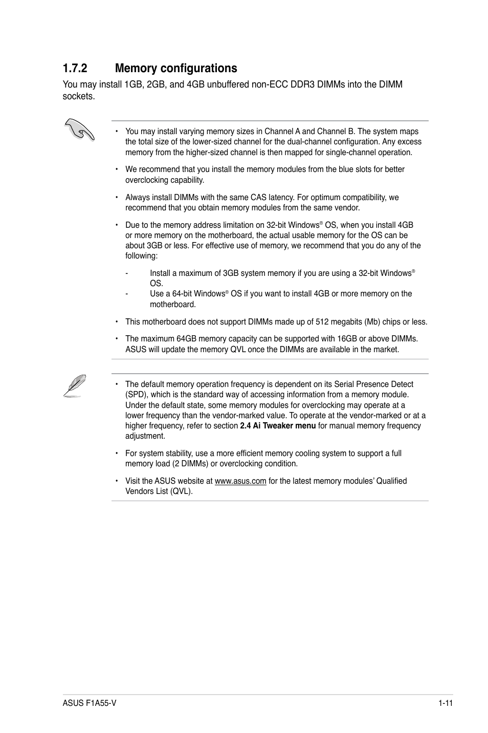 2 memory configurations, Memory configurations -11 | Asus F1A55-V User Manual | Page 23 / 70