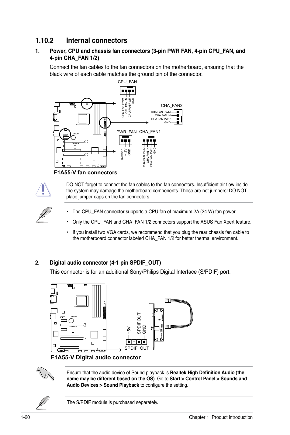 2 internal connectors, 2 internal connectors -20, F1a55-v digital audio connector | F1a55-v fan connectors, Chapter 1: product introduction 1-20 | Asus F1A55-V User Manual | Page 32 / 70