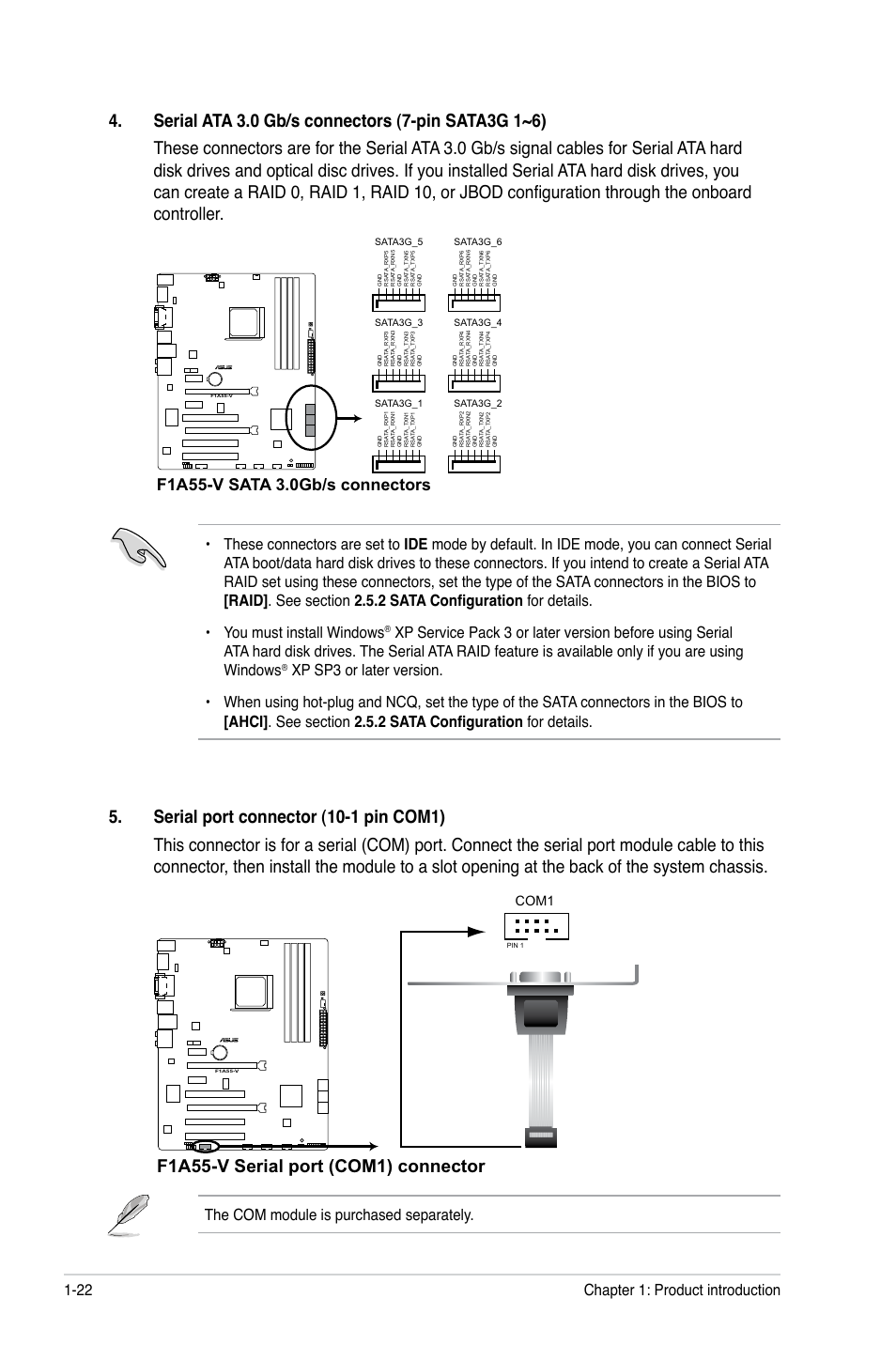 F1a55-v serial port (com1) connector, The com module is purchased separately, Chapter 1: product introduction 1-22 | Com1 | Asus F1A55-V User Manual | Page 34 / 70